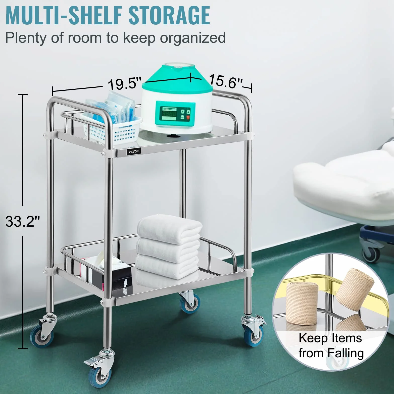 VEVOR Medizinischer Laborwagen, 56,9 x 38,4 x 87,1 cm, Edelstahl, 2 Schichten für Krankenhäuser, Metallwagen mit 4 Rädern, Omnidirektional für Kliniken, Cafés, Hotels