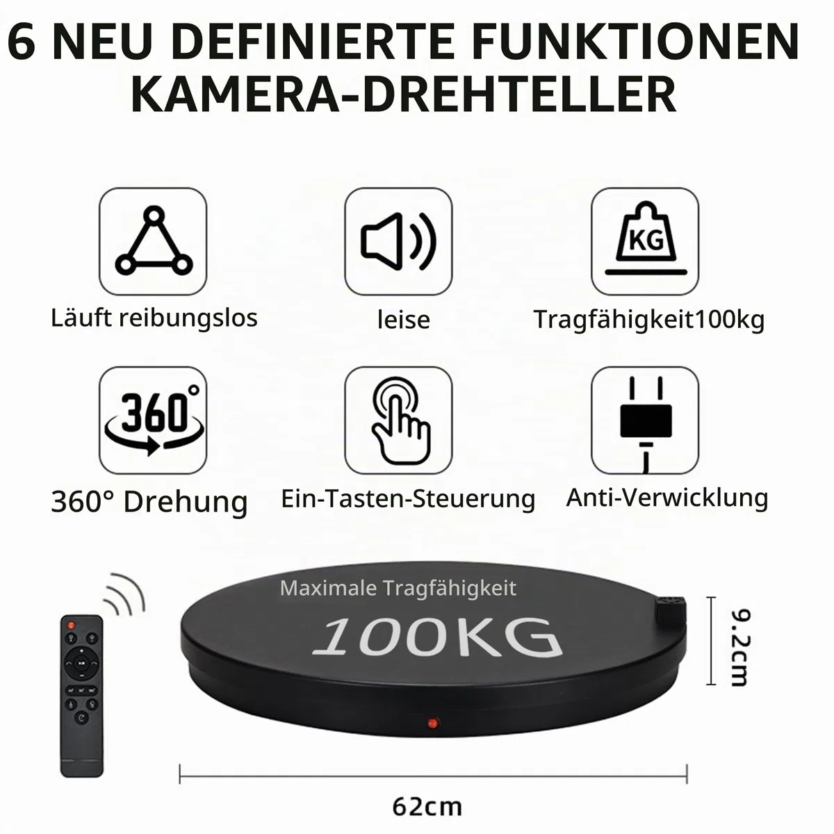 Elektrischer Drehteller 62cm 100kg Tragfähigkeit mit Fernbedienung, Displayständer Elektrischer 360-Grad-Drehteller Für Die Fotografie, Winkel Geschwindigkeitswinkel und Richtung Einstellbar (Schwarz)
