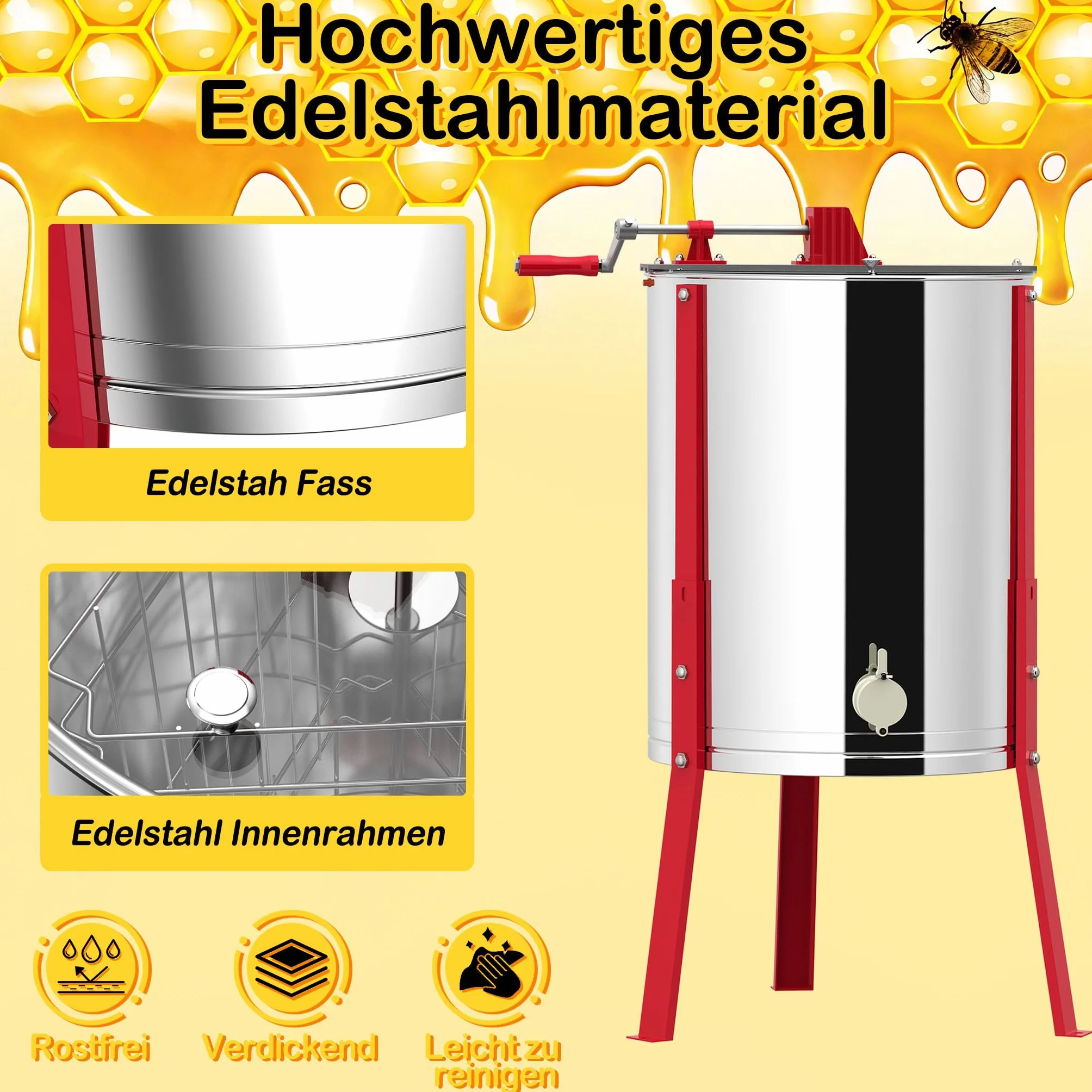 YRHome Premium Honigschleuder Diagonalschleuder Manuell Tangentialschleuder Edelstahl für 4 Rähmchen Honigextractor mit Deckel 10 cm Höhenverstellung mkerei Bienenzüchter Zubehör