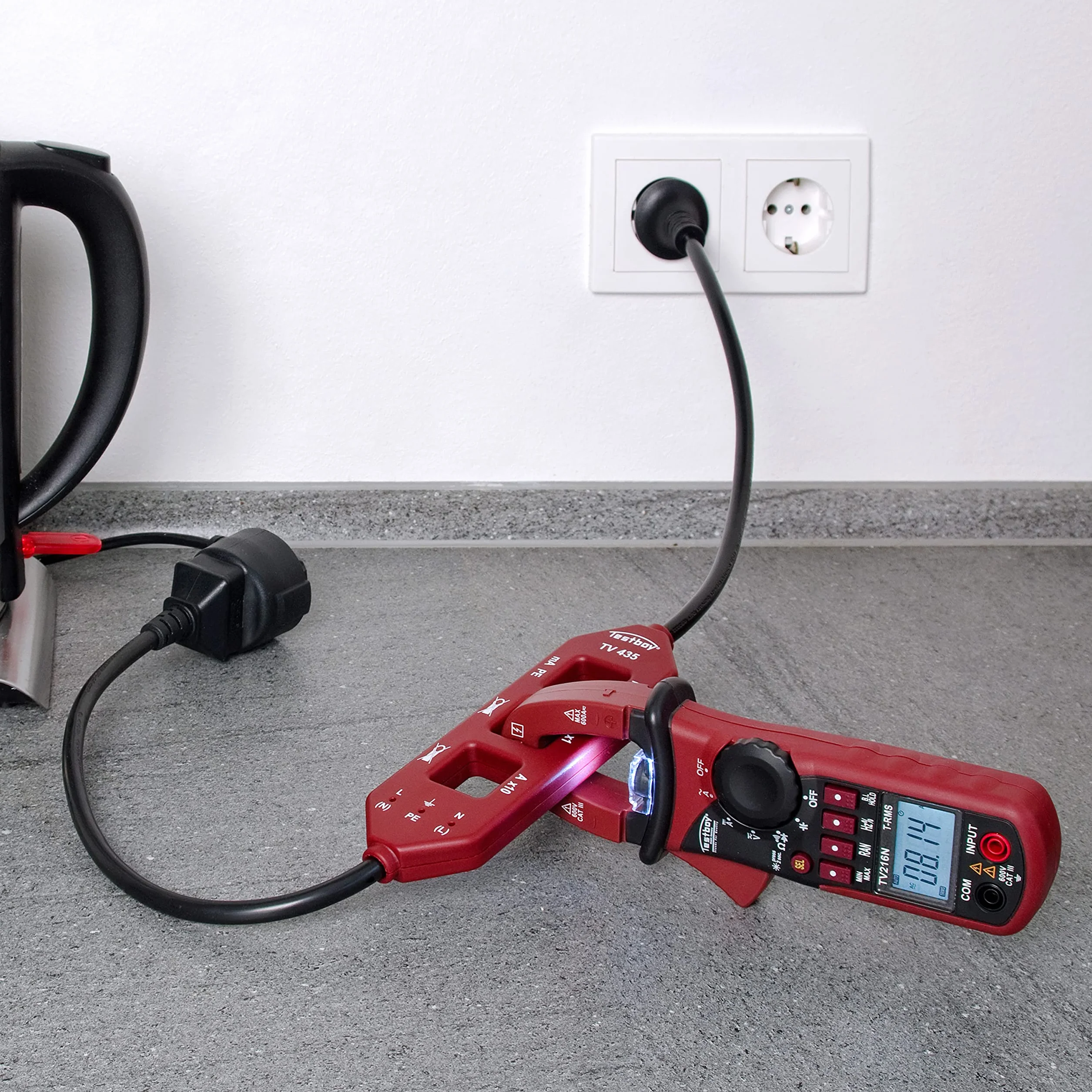 Testboy TV 435 Strom-Messadapter (Line-Splitter, Adapter mit Schuko-Anschlüssen, einfache & 10-fache Laststrommessung, Schutzleiterstrommessung, integrierte Messbuchsen), Rot/Schwarz