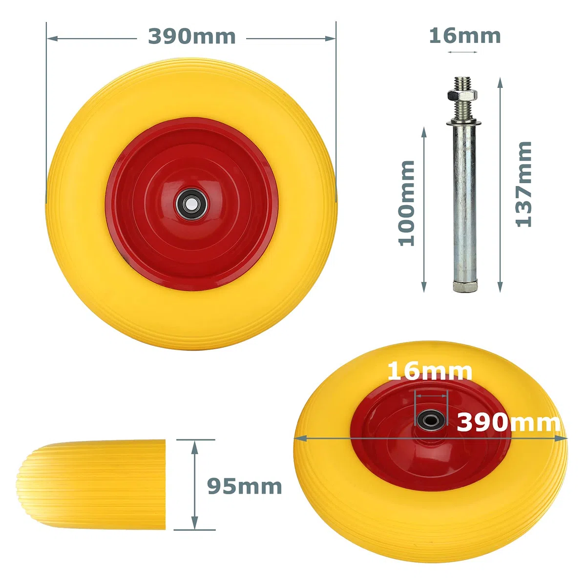 2x Sackkarrenrad PU Schubkarrenrad Vollgummi 4.80/4.00-8 Ø 390mm 200 kg inkl.Pannensichere Vollgummireifen mit Achse, Gelb-Rot