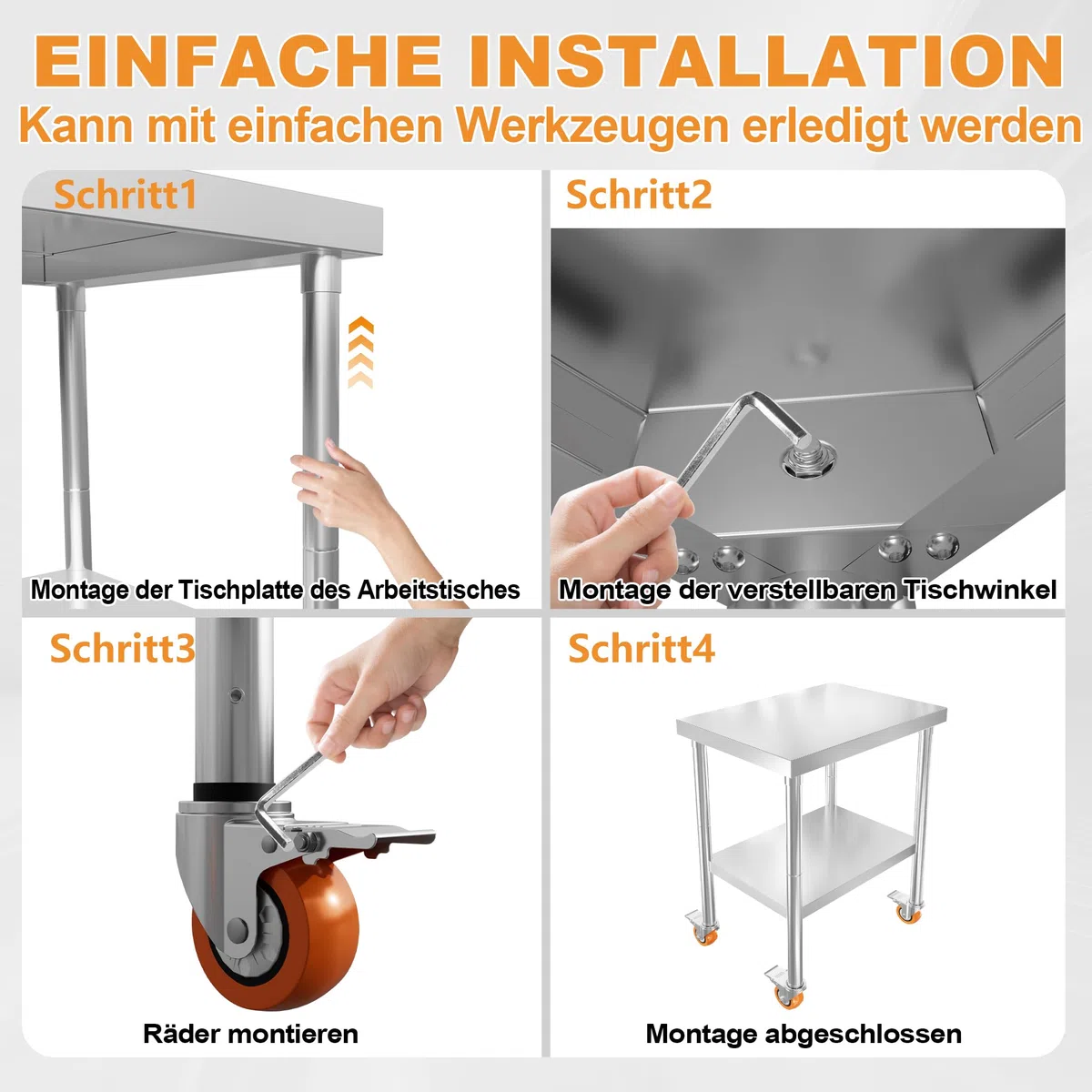 AufuN Edelstahl Arbeitstisch 61x46x85 cm mit Rollen & 2 Ebenen – Mobiler Arbeitstisch für Küche, Gewerbe, Restaurant & Hotel – Lebensmittelzubereitungstisch aus Edelstahl mit feststellbaren Rollen
