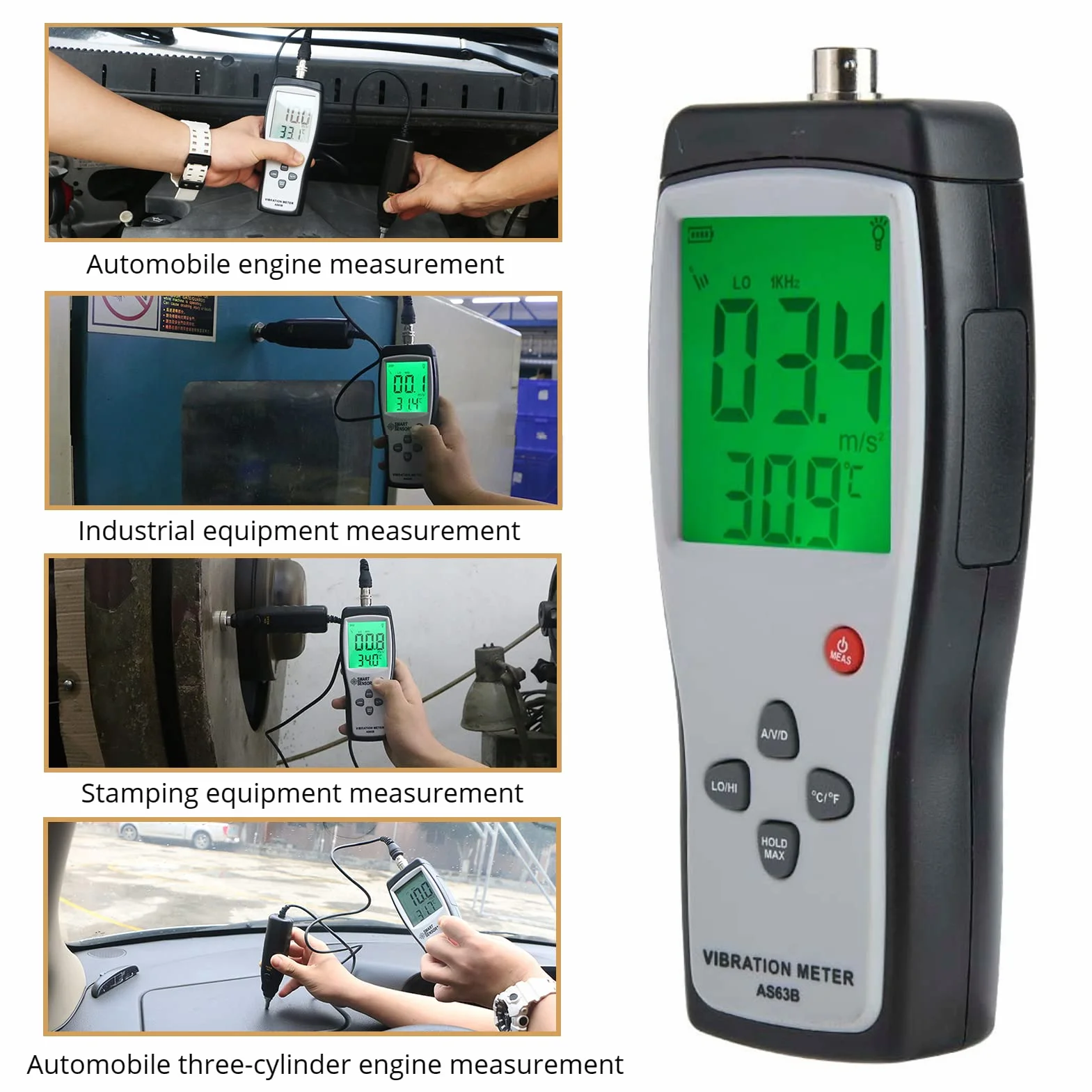 Vibrationstester, AS63B LCD-Display Hintergrundbeleuchtung, Tragbarer Vibrometer-Analysator, Hochempfindliches Vibrometer, Digitaler Vibrationsmesser mit Aufbewahrungskoffer