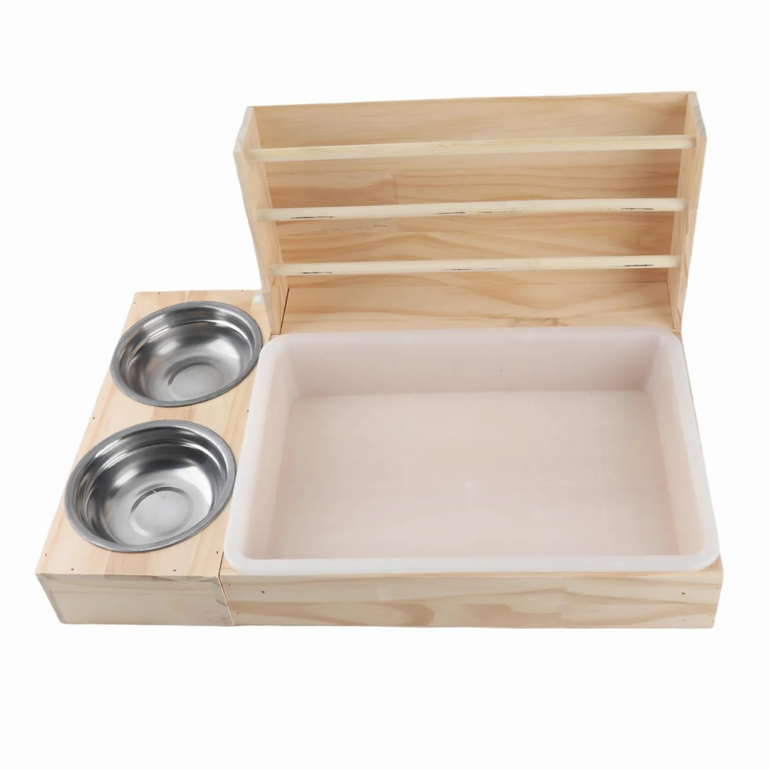 Cocoarm Kaninchen Heuraufe, 3 in 1 Futterspender aus Holz mit Großer | Katzentoilette aus Massivholz und Kunststoff, Edelstahlnäpfe, Kippsicher
