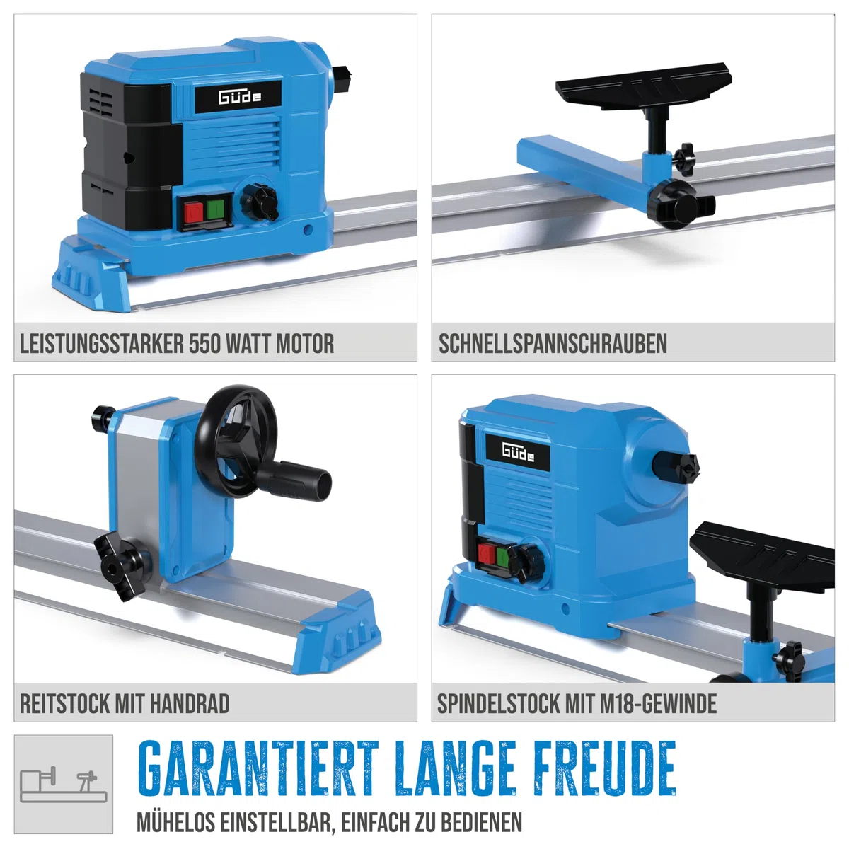 Güde Drechselmaschine GDM 600 (Getriebemotor 550 W, 800-3000 1/min, Softstarter, variable Geschwindigkeit, M18-Gewinde, Körnerspitze, Reitstock, Werkzeugauflage, für Werkstücke bis 600 mm/ø 250 mm)