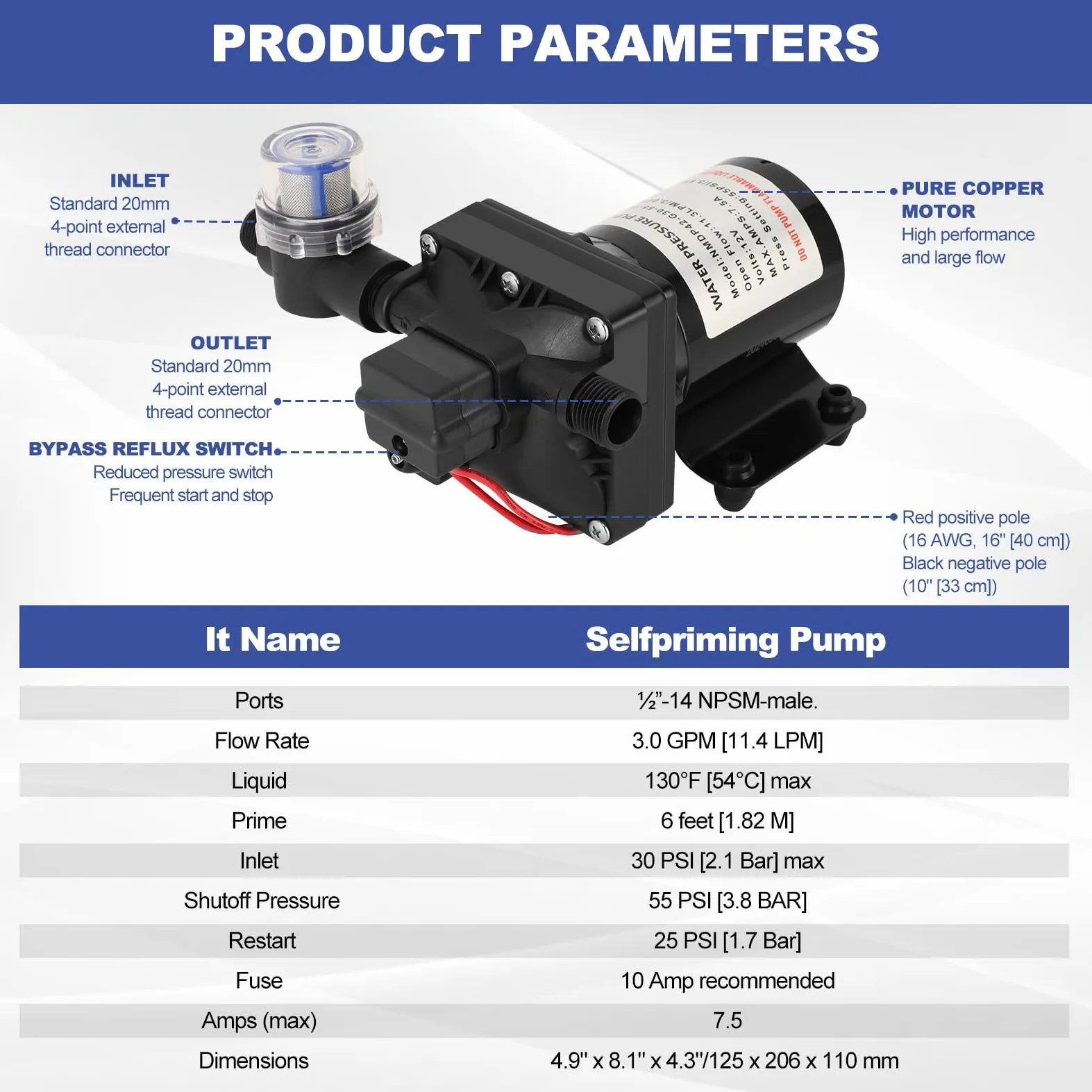 Wasserpumpe 12V für Wohnmobil, Modell 4008-101-E65, Heiß- und Kaltwasserspender, 55 Psi, 3 Gallonen Pro Minute, 7,5 Ampere, Selbstansaugend