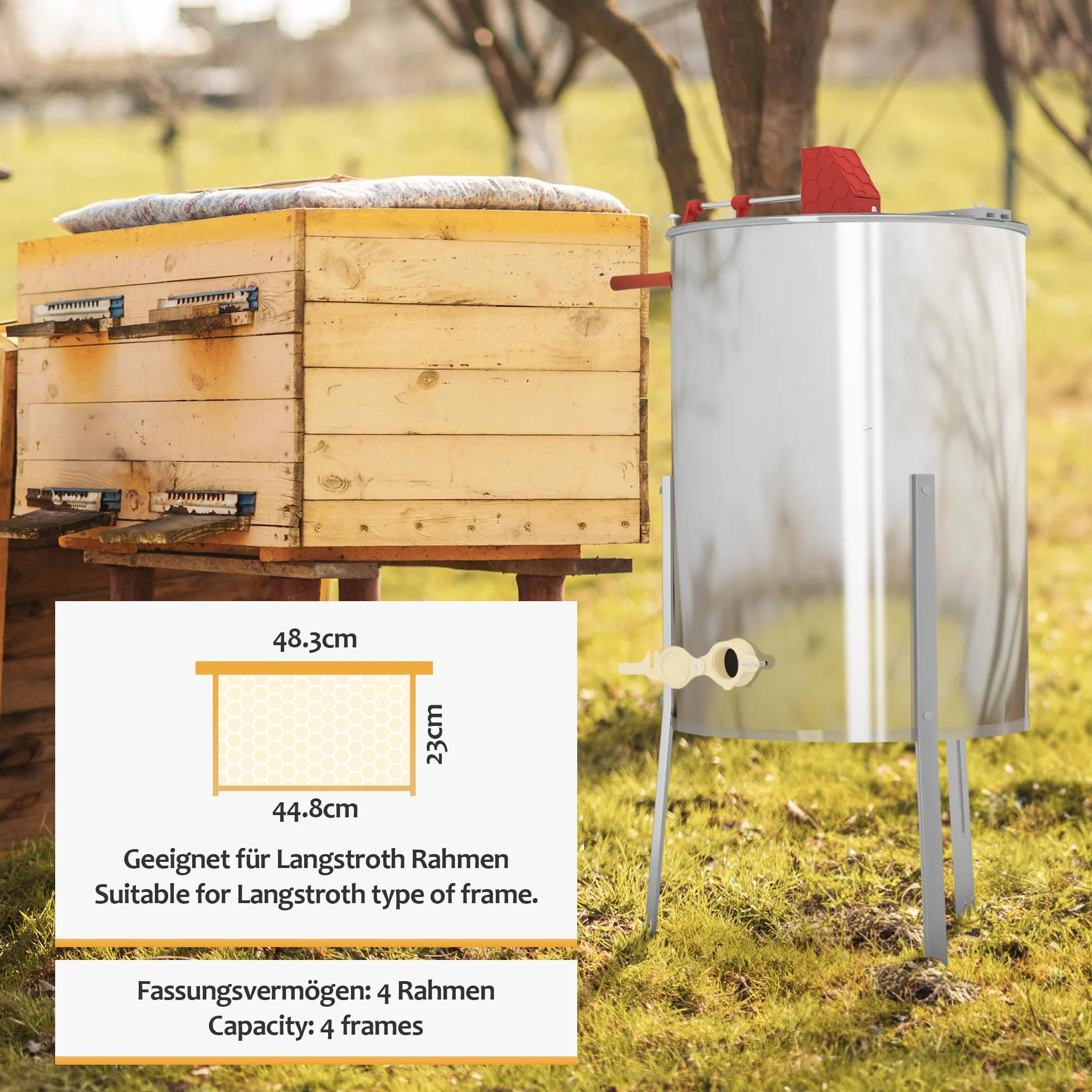 Jago® Honigschleuder - aus Edelstahl, Manuell, für 4 Waben, Ø490 mm, mit Deckel - Honig Extraktor, Schleuder, Tangentialschleuder, Honey Extractor, Imker und Bienenzüchter Zubehör