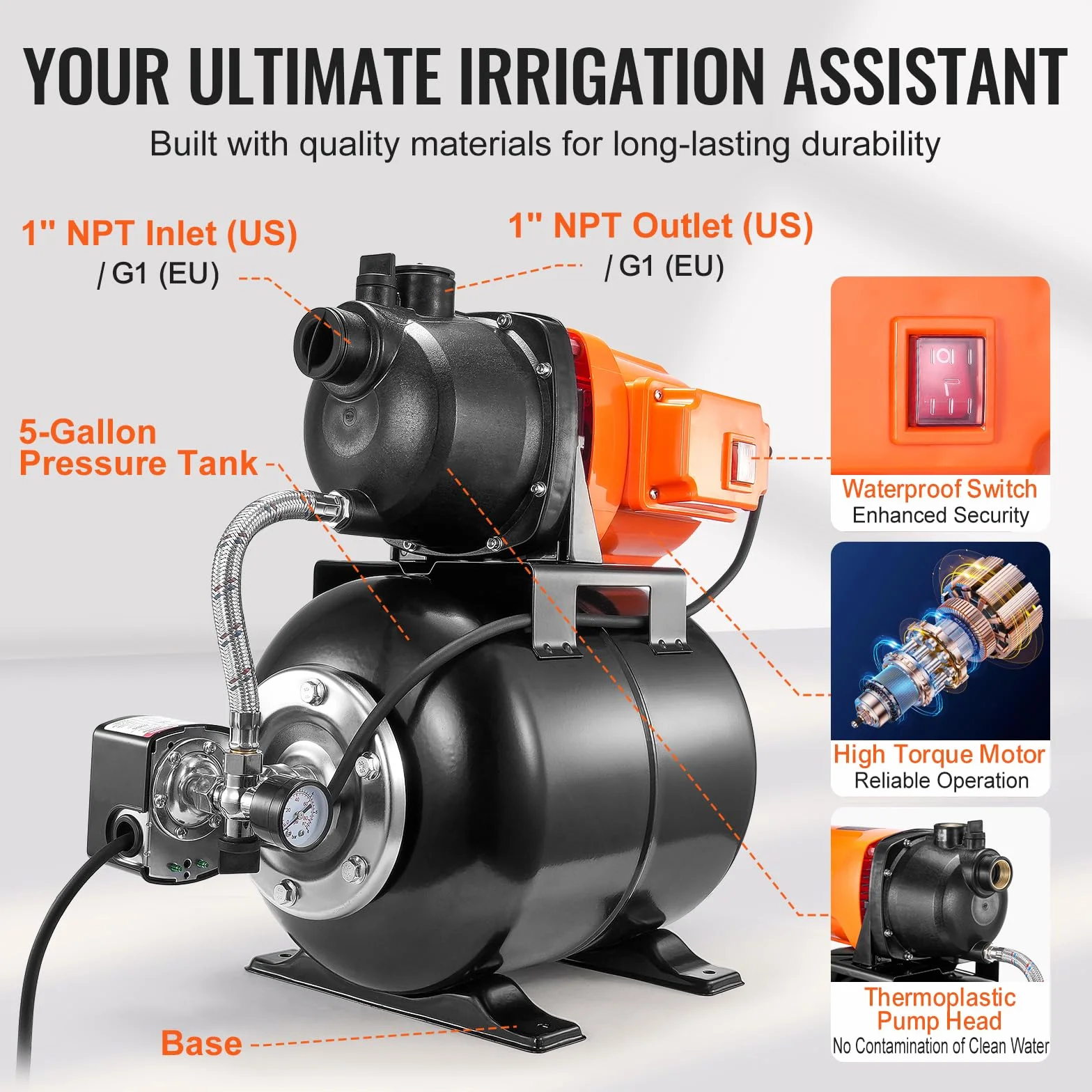 VEVOR 750 W Gartenpumpe, 3700 L/H, automatische Bewässerungspumpe mit 50 m Förderhöhe, Kreiselpumpe mit 20/40 PSI Druckschalter, Flachbrunnenpumpe, thermoplastischer Pumpenkopf für Hausgarten & Rasen