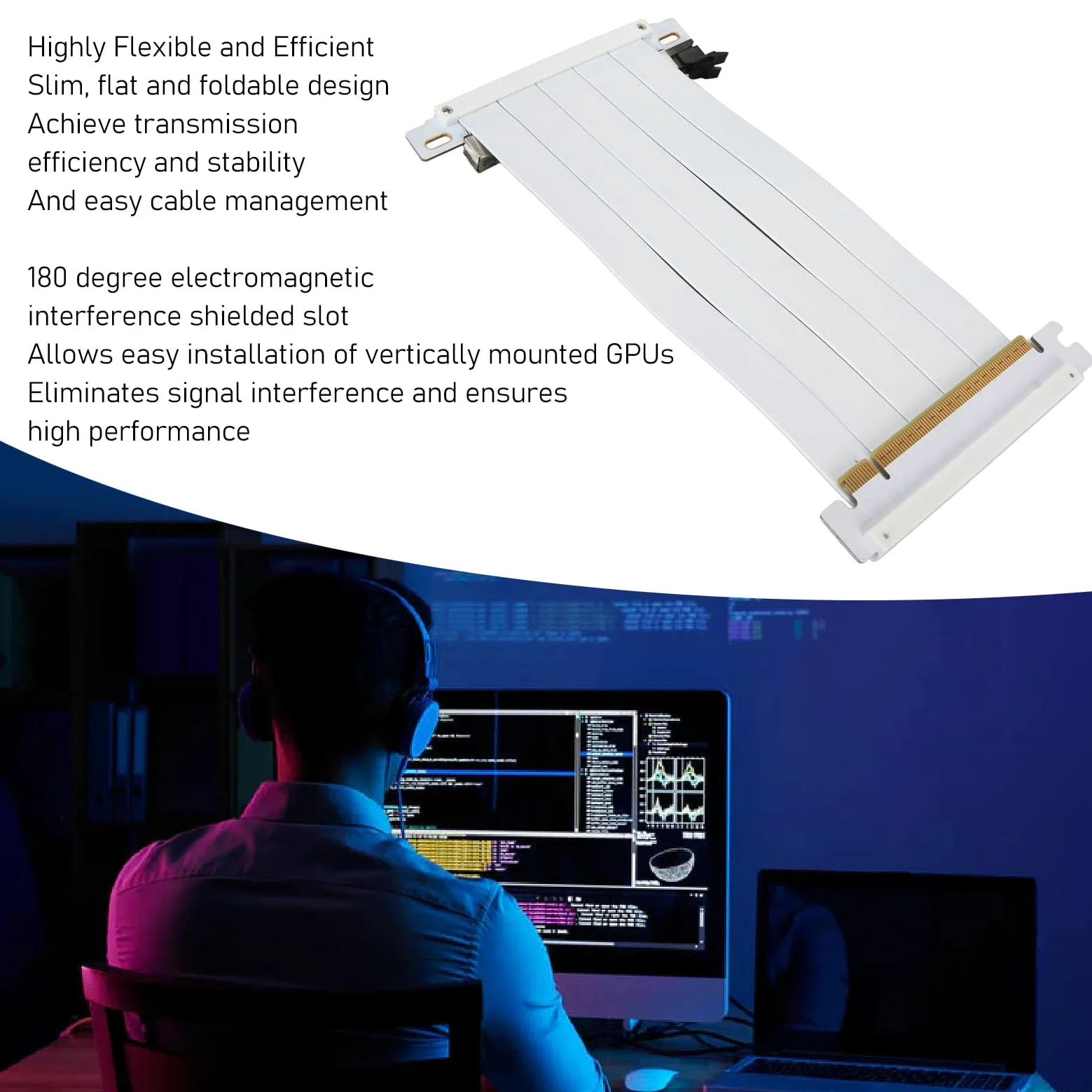 PCIe 4.0 Riser-Kabel, X16 GPU-Verlängerung, 180 Grad Weiß | Hochgeschwindigkeits flexibles doppelseitiges Riser-Kabel mit Schutzschild für vertikale GPU-Montage