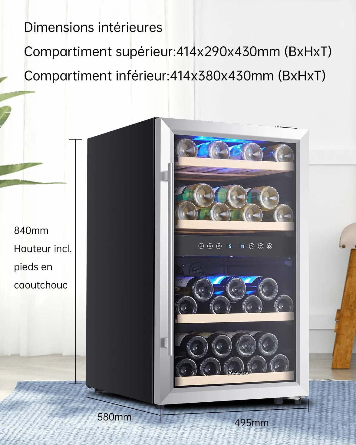 Kalamera Weinkühlschrank 2 zonen, Edelstahloptik, 45 Flaschen (bis zu 310 mm Höhe), 120 Liter, Zwei Kühlzonen 5-10°C/10-18°C, Freistehend, KRC-45BSS