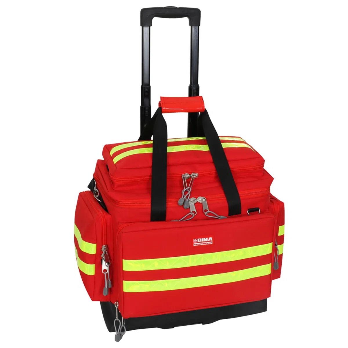 GIMA Smart Notfalltasche mit Trolley Medium, Farbe Rot, doppelte gelbe Streifen, Außentaschen, Innentaschen, abnehmbare Tasche mit transparentem Fenster, Größe 56 x 32,5 x 49 cm