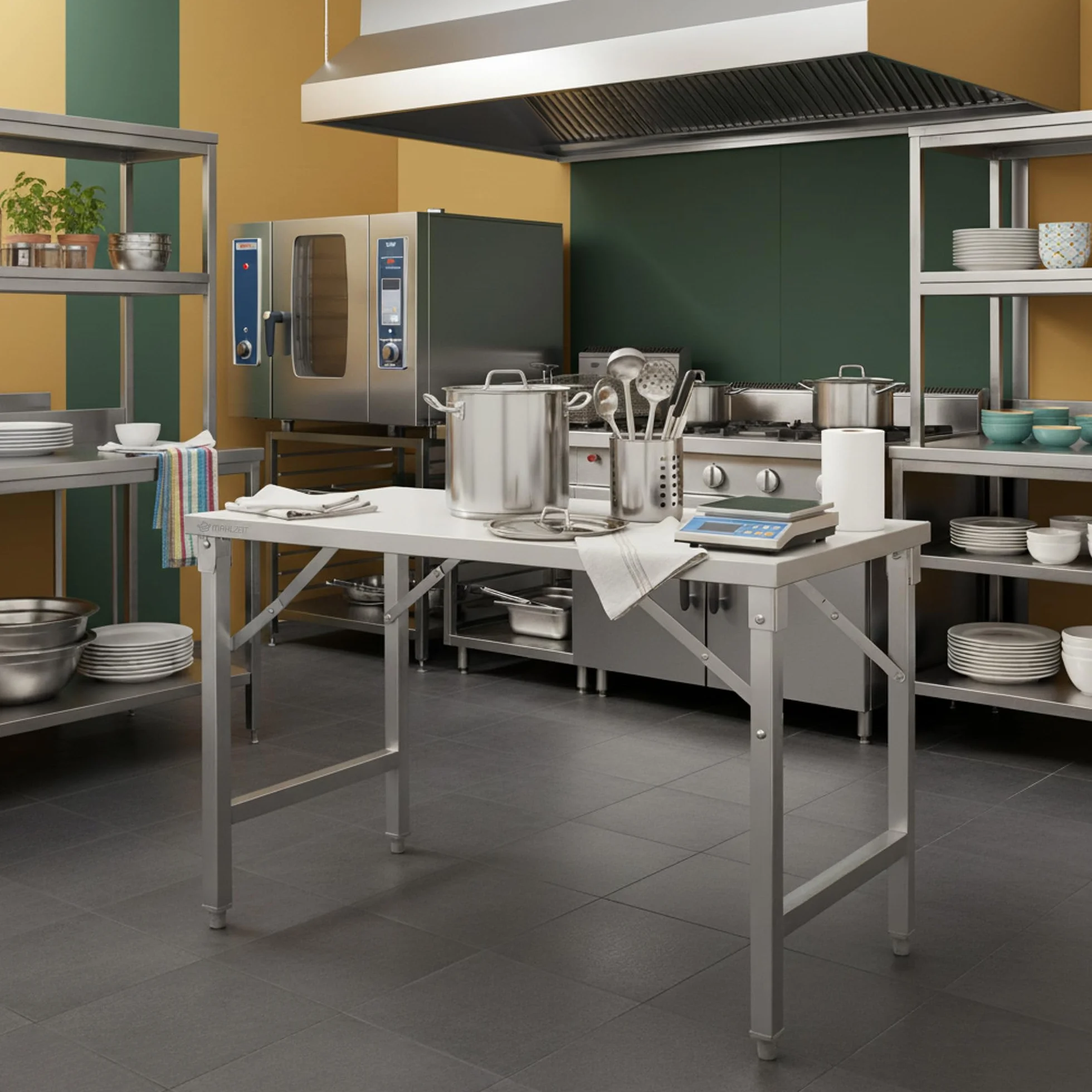 Mahlzeit Edelstahltisch 120 x 70 x 80 cm | Arbeitstisch, Küchentisch, Edelstahl Zubereitungstisch | Gastronomietisch klappbar, Klapptisch, Serviertisch | Tisch für Küche und Gastronomie