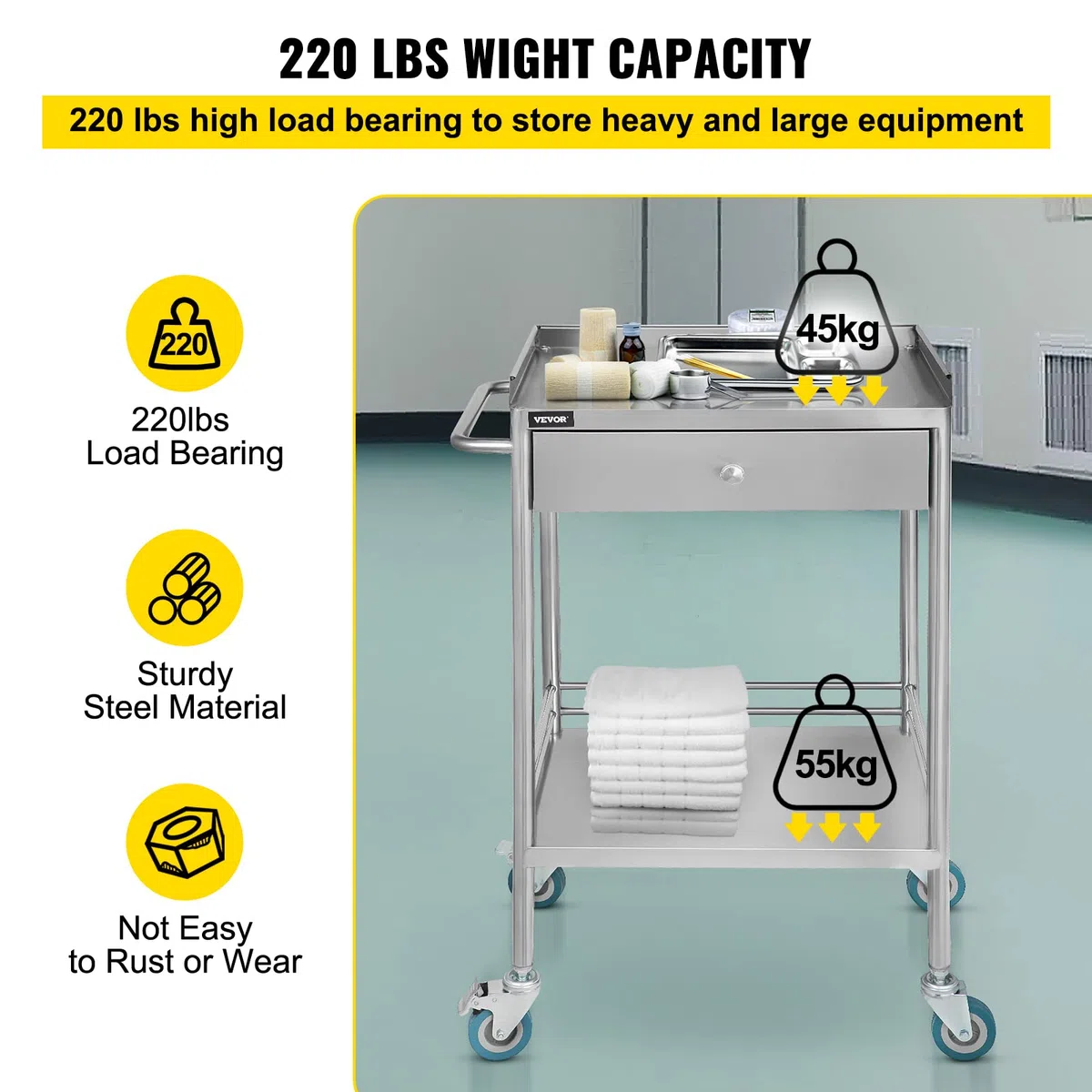 VEVOR 2 Böden mit 1 Schublade Servierwagen Edelstahl Serving Lab Trolley Laborwagen Tragbar Abräumwagen Medical Dental Lab Cart Transpo1 Schublade, Mittel