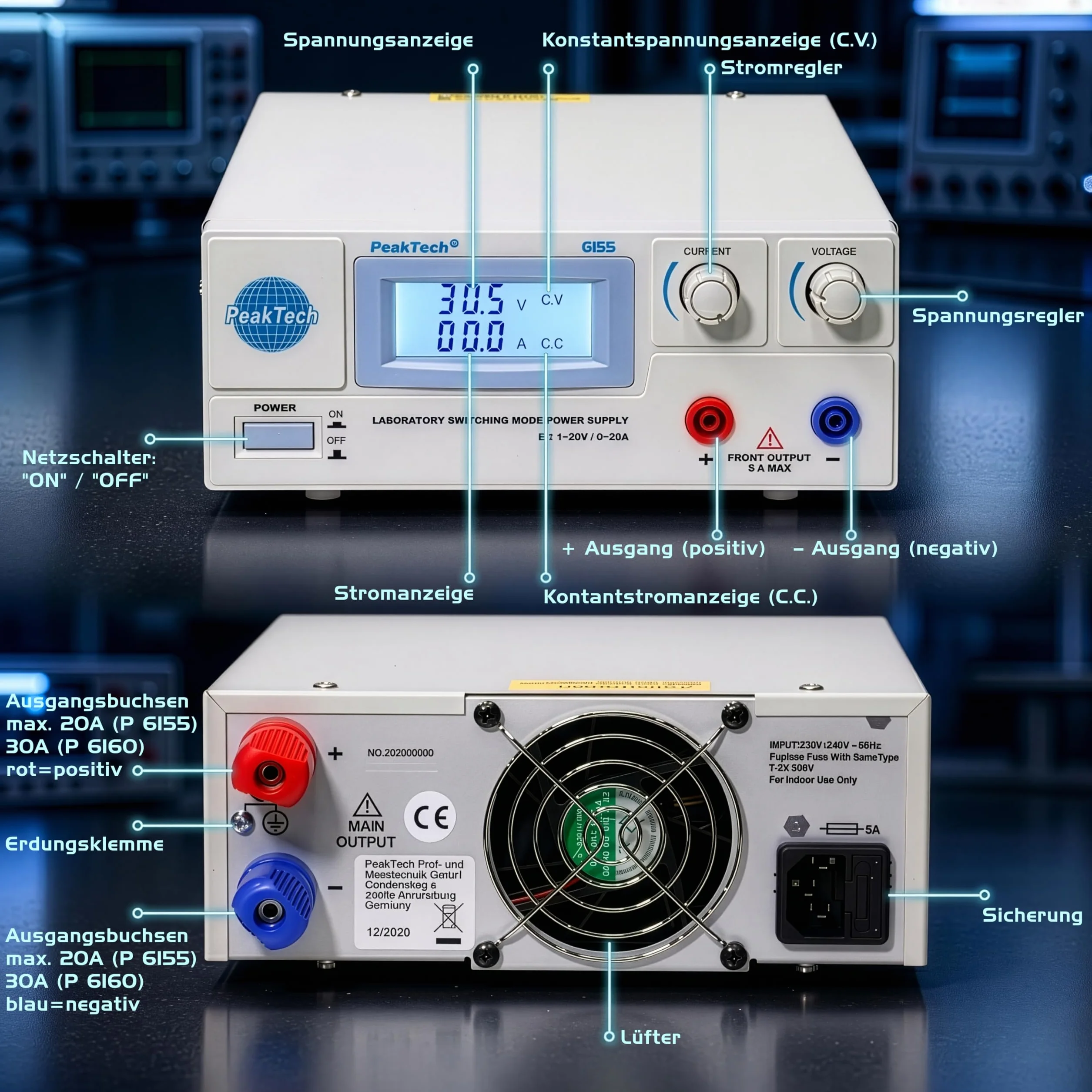 Peak Tech P 6155 – Digitales Labor Netzteil C 1-30 V/ 0-20A mit beleuchteter LCD Anzeige, Zuverlässsiges Schalt Netzgerät, Überspannungsschutz, DC Ausgang, Ausgangsleistung: 600 W - 214 x 87 x 336 mm