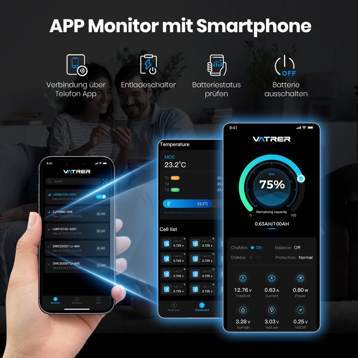 VATRER POWER LiFePO4 12V 300AH Bluetooth Lithium Batterie mit 200A BMS 5000 Zyklen Lithium Akku 3840W Abschaltschutz bei Niedriger Temperatur Perfekter für Wohnmobil, Solar & Off-Grid-Anwendungen
