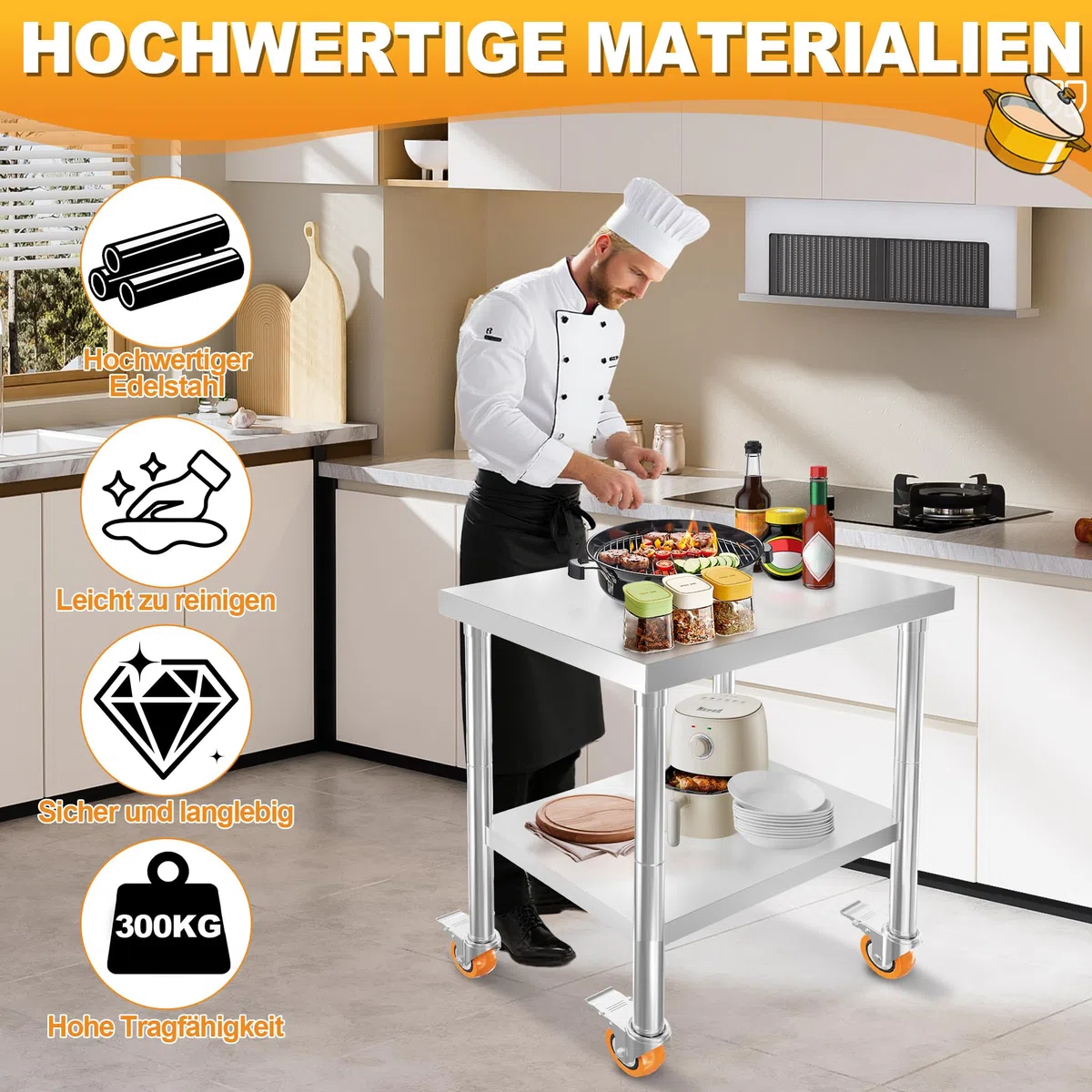 AufuN Edelstahl Arbeitstisch 61x46x85 cm mit Rollen & 2 Ebenen – Mobiler Arbeitstisch für Küche, Gewerbe, Restaurant & Hotel – Lebensmittelzubereitungstisch aus Edelstahl mit feststellbaren Rollen