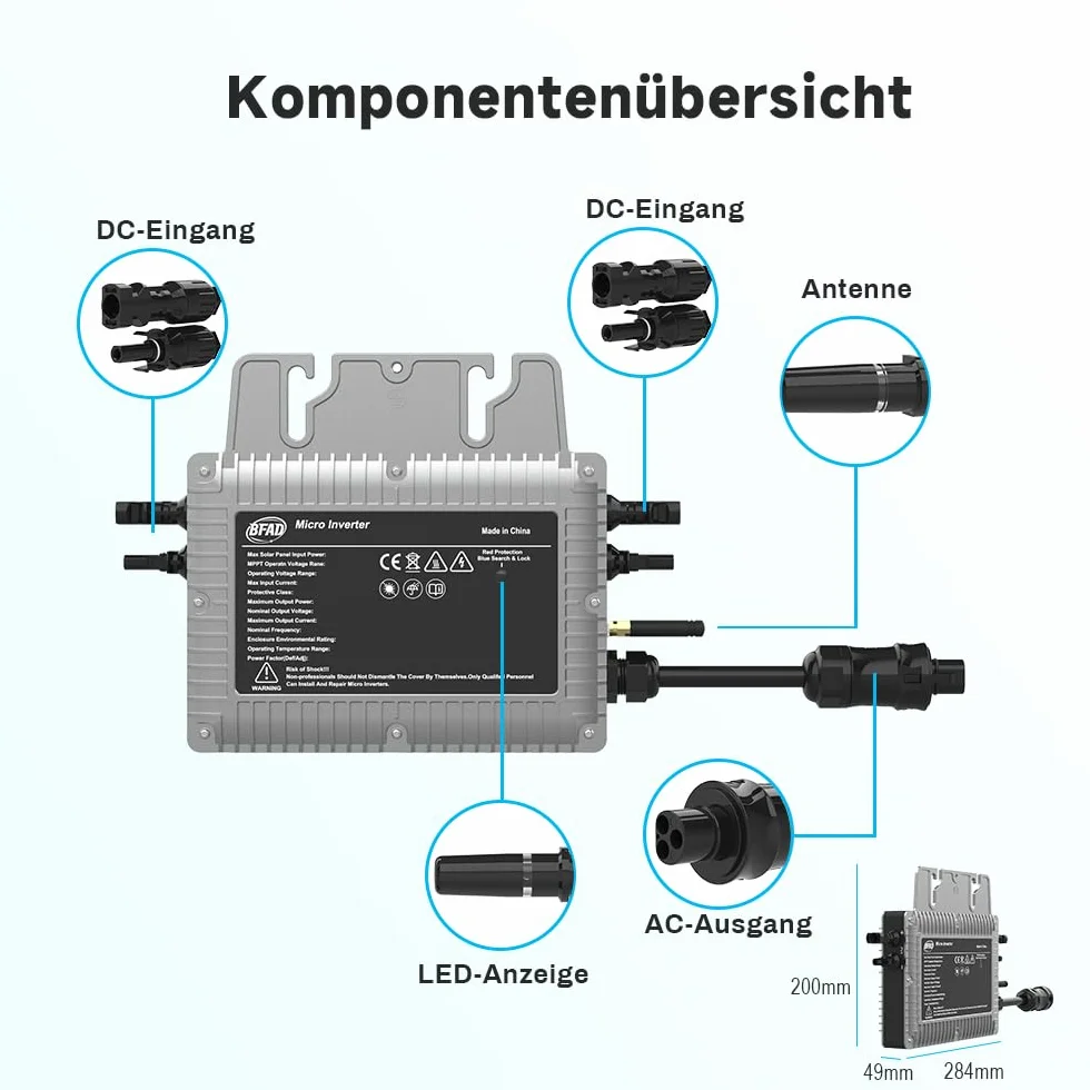 Micro Wechselrichter 800 W with 5 m AC Kabel,Solar Wechselrichter MPPT Micro Solar Power Supply,Plug and Play Home Einfache Installation WiFi Überwachung with App IP67 Wasserdicht