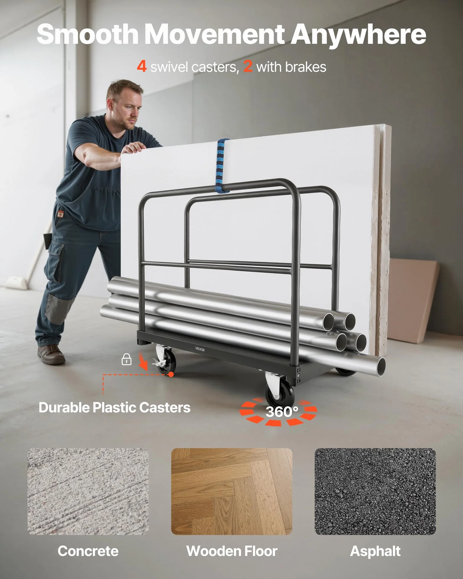 VEVOR Plattenwagen, 816 kg, 2-in-1 Transportwagen mit 360° Lenkrollen, Plattenroller, Plattenkarre mit 4 seitlichen Handläufen, Transporthilfe für Fabrik, Lager, Garage, Schwarz 914x610x858 mm