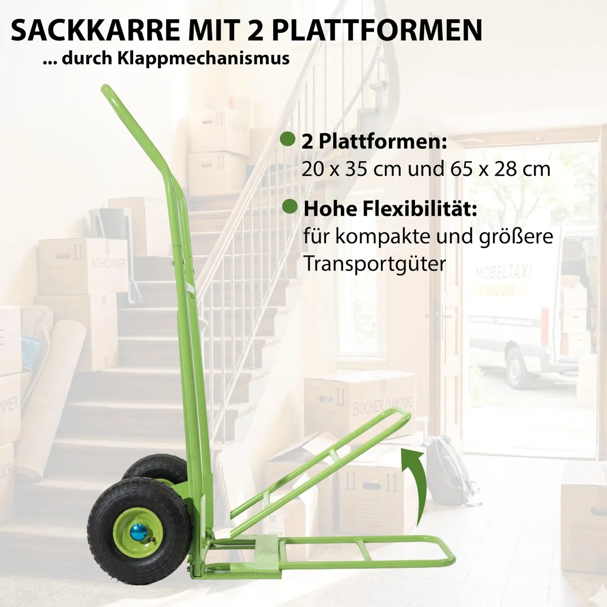 Sackkarre Paketsackkarre mit 2 Plattformen klappbar grün 150 kg Tragkraft 24 cm Reifendurchmesser 49 x 89 x 122 cm Gesamtmaße Transportkarre
