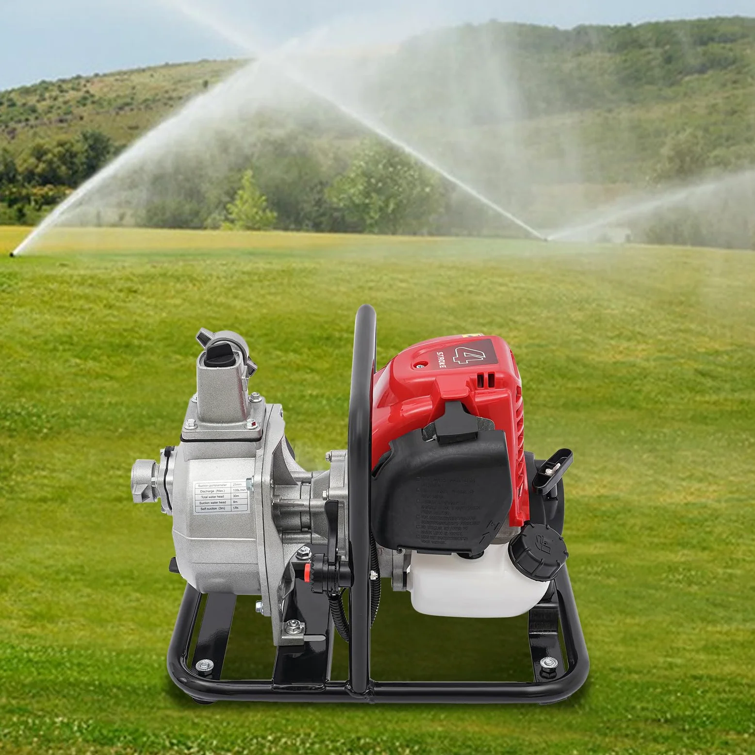 Benzin Wasserpumpe, 4-Takt 1.2KW 38CC Wasserförderpumpe Tragbare Wasserpumpe Einzylinder Benzinwasserpumpe Luftgekühlt Wasserförderpumpe Schmutzwasserpumpen für Tankfüllung, Bewässerung, Sprinkler