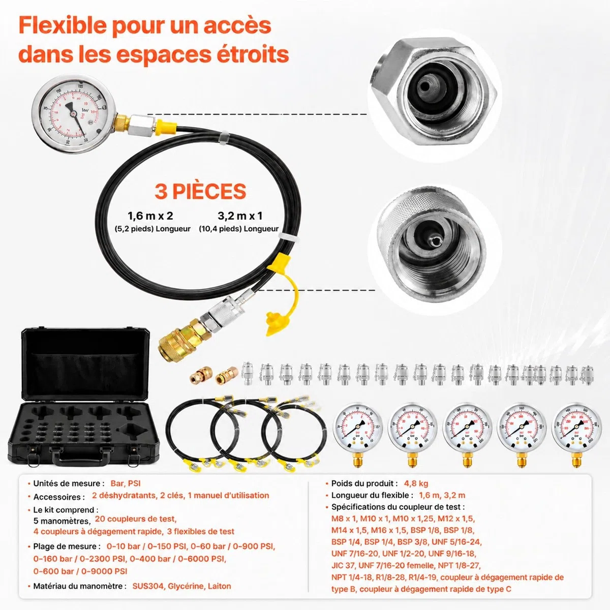 Hydraulik Druckpruefset mit 5 digitalen Manometern, 20 Anschluessen, 4 Schnellkupplungen und 3 Schlaeuchen fuer Bagger und Baumaschinen