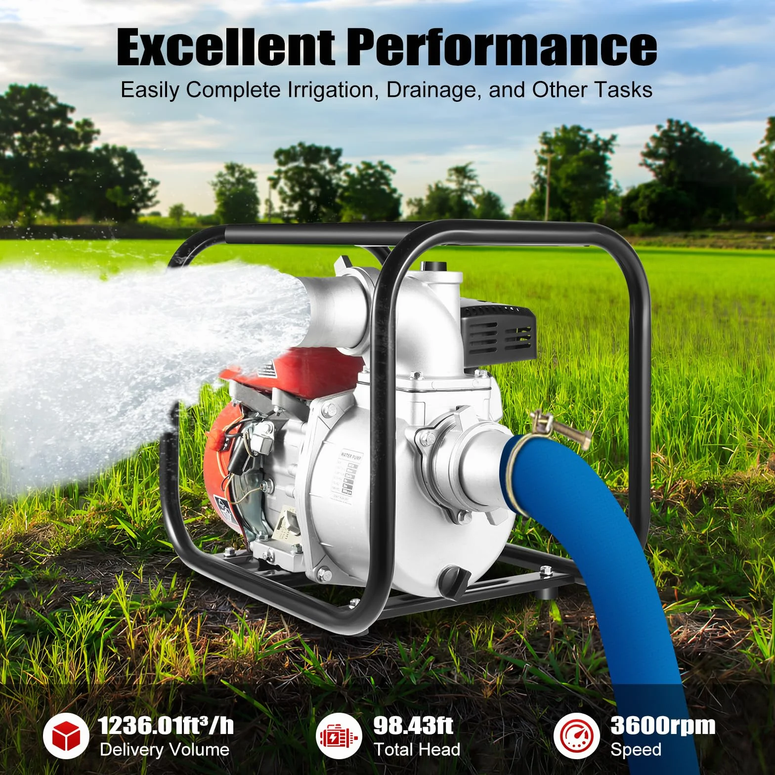 3 Zoll Benzin Wasserpumpe 7,5PS 4 Takt Motor Wasserpumpe 212CC Gartenpumpe Selbstansaugend Schmutzwasserpumpe mit 7,5m Wasserleitung für Bewässerung, Entwässerung