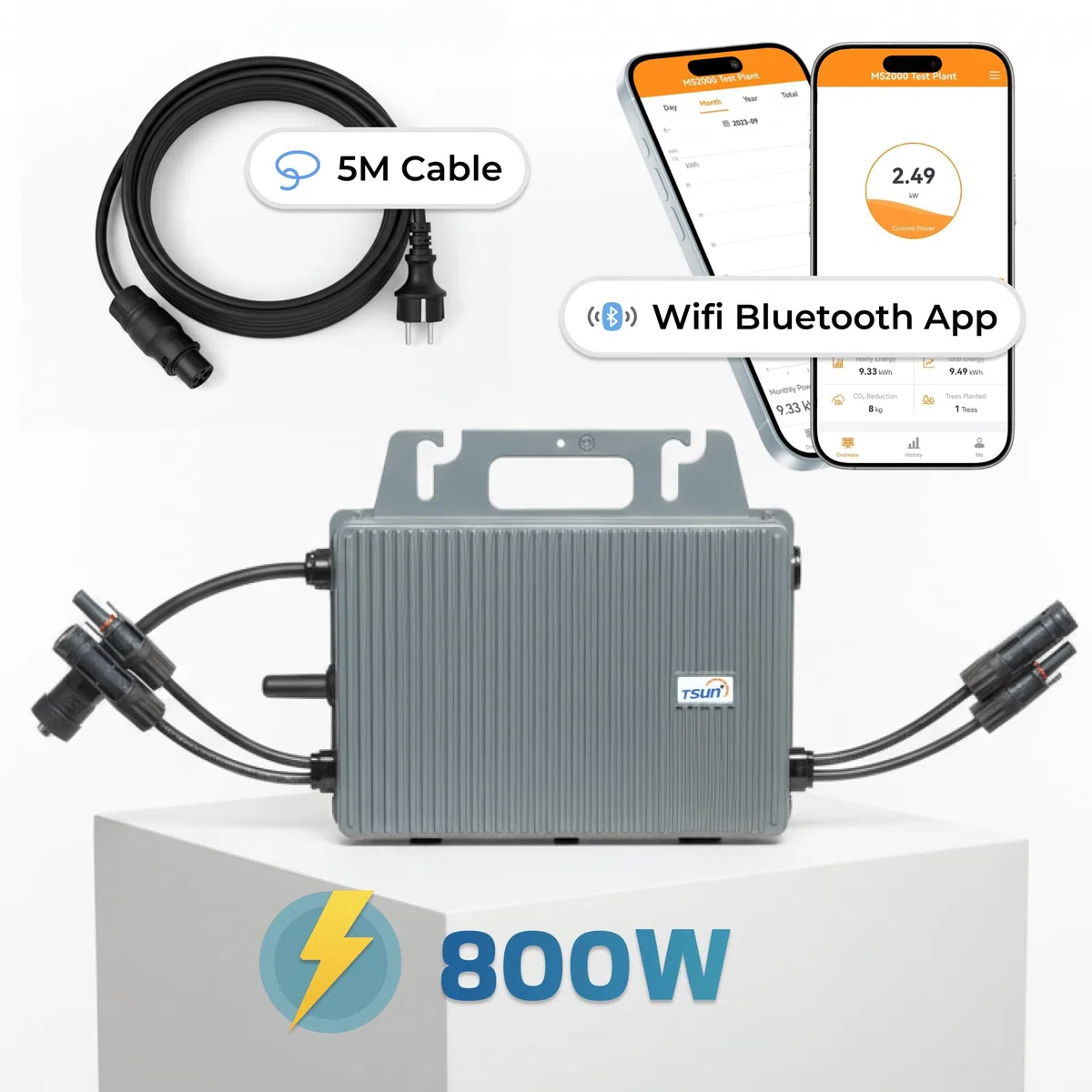 TSUN Mikro-Wechselrichter 800 W TSOL-MS800 für Balkonkraftwerk, IP67 wetterfest, Plug-&-Play Installation, 2 MPPT, Bluetooth & WiFi, inkl. 5 m Anschlusskabel, Micro Inverter