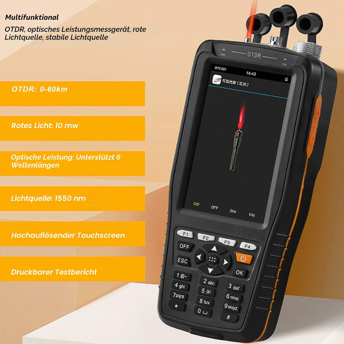 OTDR-Glasfasertester, Optisches 4-in-1-Time-Domain-Reflektometer Visueller Fehlerorter OTDR FTTH-Glasfaser-Toolkit mit VFL OPM OTDR OLS für die Wartung des Netzwerkaufbaus