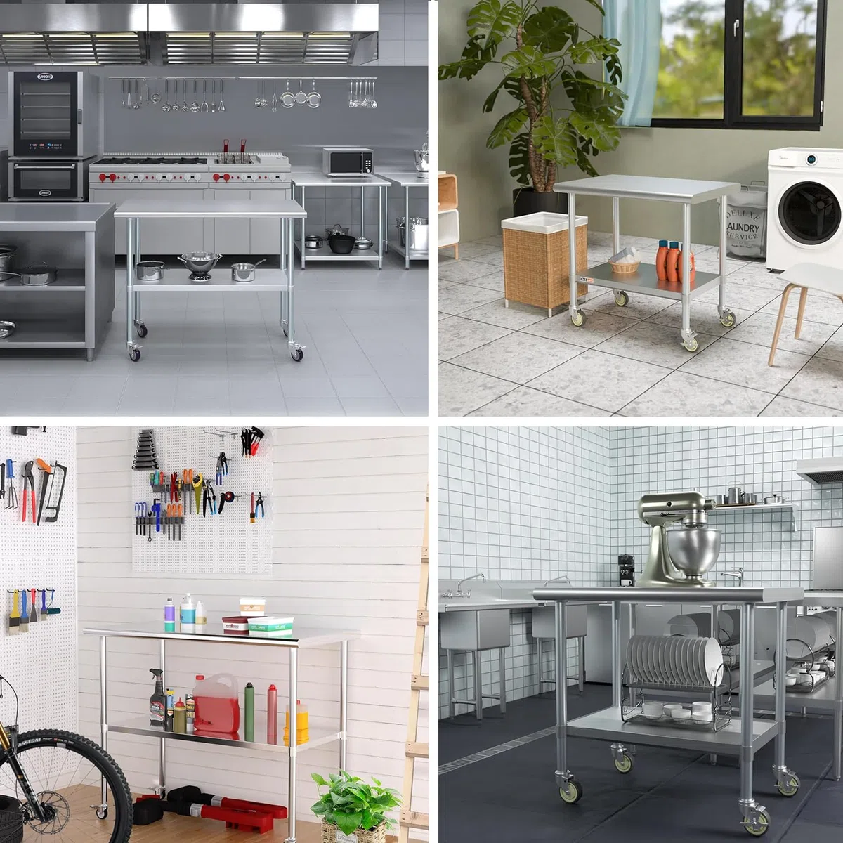 Edelstahl Küche Arbeitstisch 61x60cm - 4 Stück Lenkrollen mit Bremsen - Gastronomie Tisch bis 300kg belastbar - Profi Gastro Edelstahltisch Küchentisch für Restaurant Küche Bar Hotel Garage