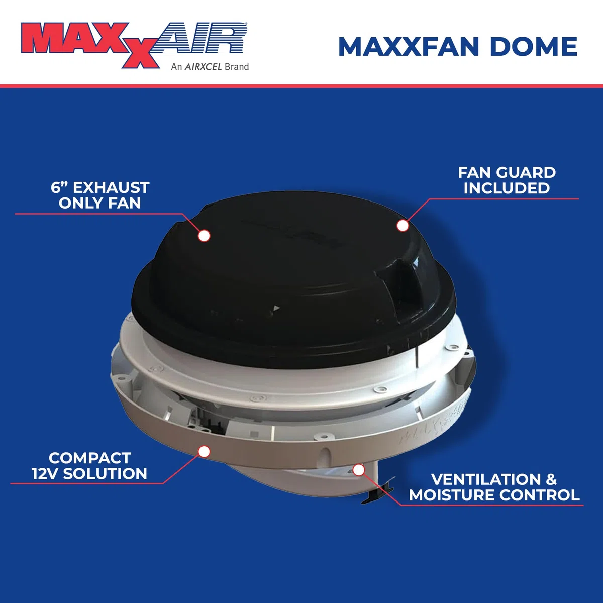 Maxx Air MAXXFAN Dome Plus 00-03810B LED-Beleuchtung, 15,2 cm runder Ventilator, nur Auspuff, schwarz