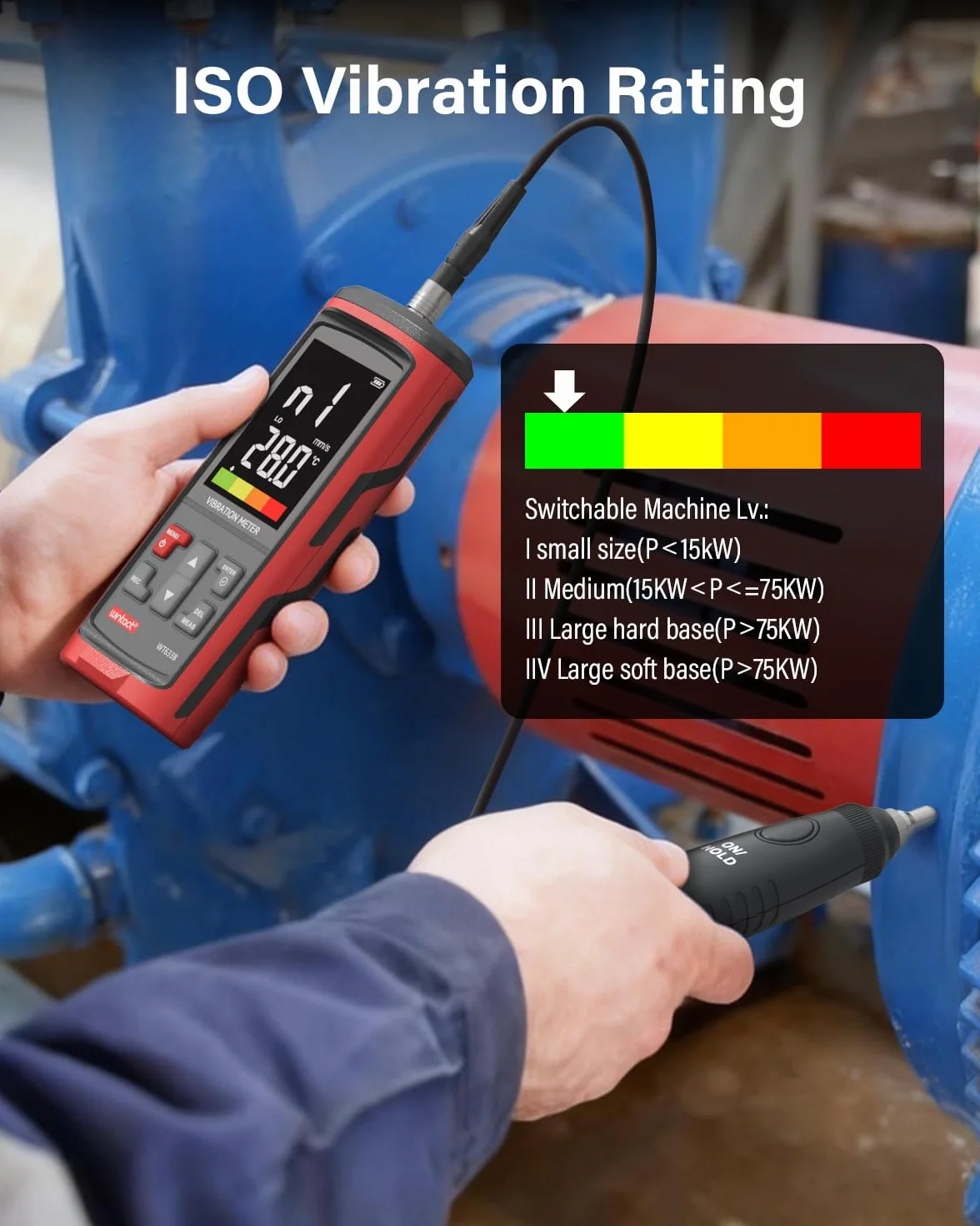 Wintact Vibrationsmessgerät, Messanalyse mechanischer Anlagen: Schwingungsbeschleunigung, Geschwindigkeit, Verschiebung, Temperatur für Motoren, Generatoren (WT633B)