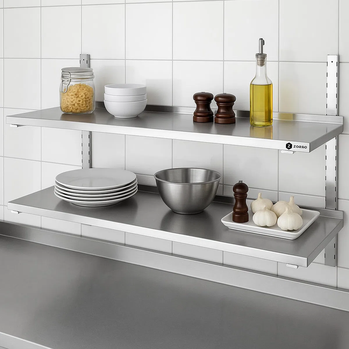 ZORRO Wandbord ZWB 180/40 | Edelstahl Wandregal | 1800x400x350 mm | 1 Boden | Gastro Wandmontage