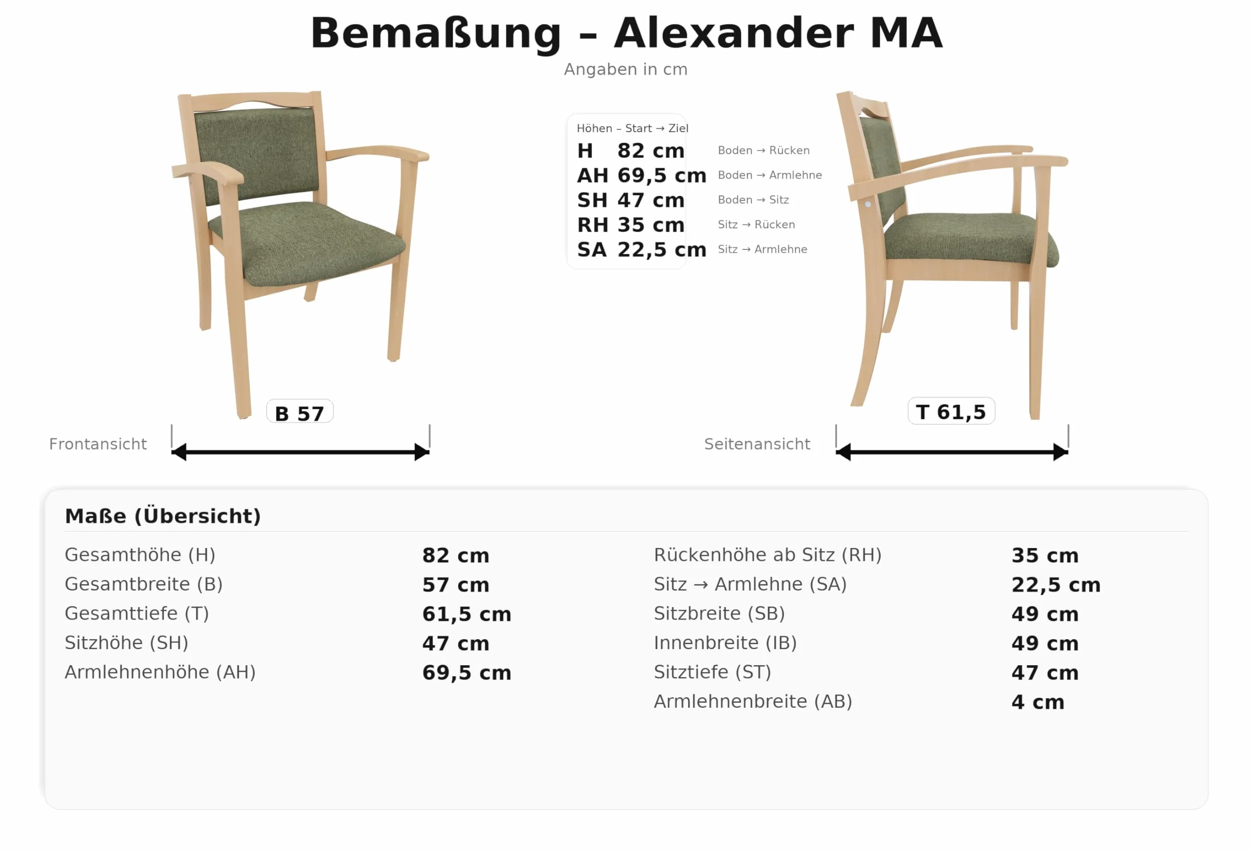 Seniorenstuhl Alexander Rustikal mit Armlehnen – Komfortabler Pflegestuhl – 47cm Sitzhöhe