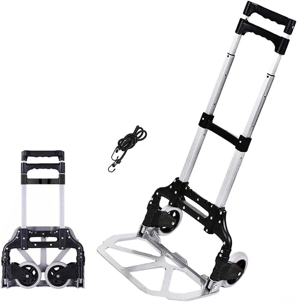 Handkarre klappbare Sackkarre Aluminium Trolley Faltbare Cart mit Teleskopgriff, 2 Gummirädern & Bungee-Seil für Gepäck, Reisen, Auto, Umzug, Airport, Einkaufen und Büro