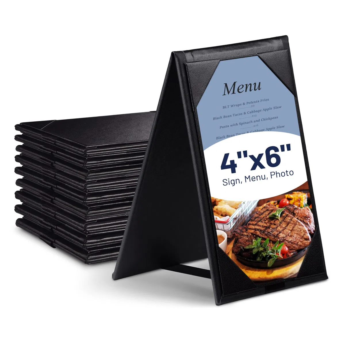 WeChef Tischzelte, 10,2 x 15,2 cm, Kunstleder, PU-Leder, Menühüllen, doppelseitiger Rahmen, Menü-Halter, Menüordner für Restaurant, Kaffee, Café, Bar, Getränke, Dessert, 10 Stück, schwarz