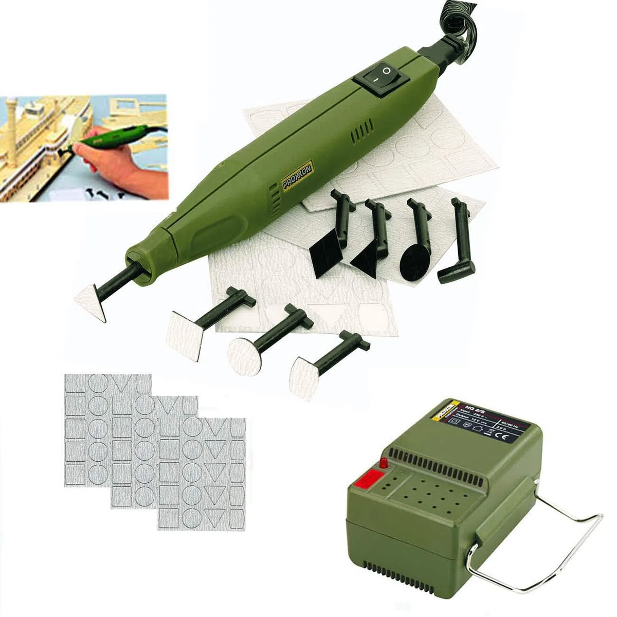 PROXXON MICROMOT Mini Schleifer/Penschleifer PS 13 Set – inklusive Netzgerät, 4 gerade Schleifeinsätze, 4 abgewinkelte Schleifeinsätze und 240 Schleifblätter in verschiedenen Formen und Körnungen