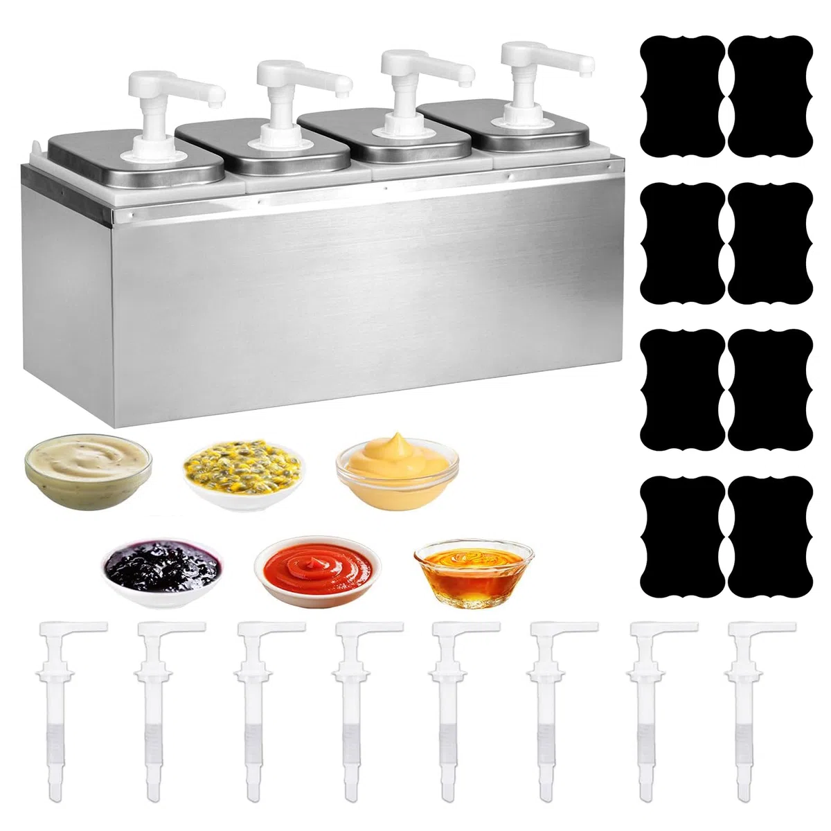 8L Ketchup Spender, Saucenspender mit 4 Pumpen, 8 Etiketten, Abnehmbar, Edelstahl-Gewürzpumpstation Küchensoßenspender, Salat Marmeladen Gewürz Gewürz Quetschpumpenbehälter für Küche und Restaurant