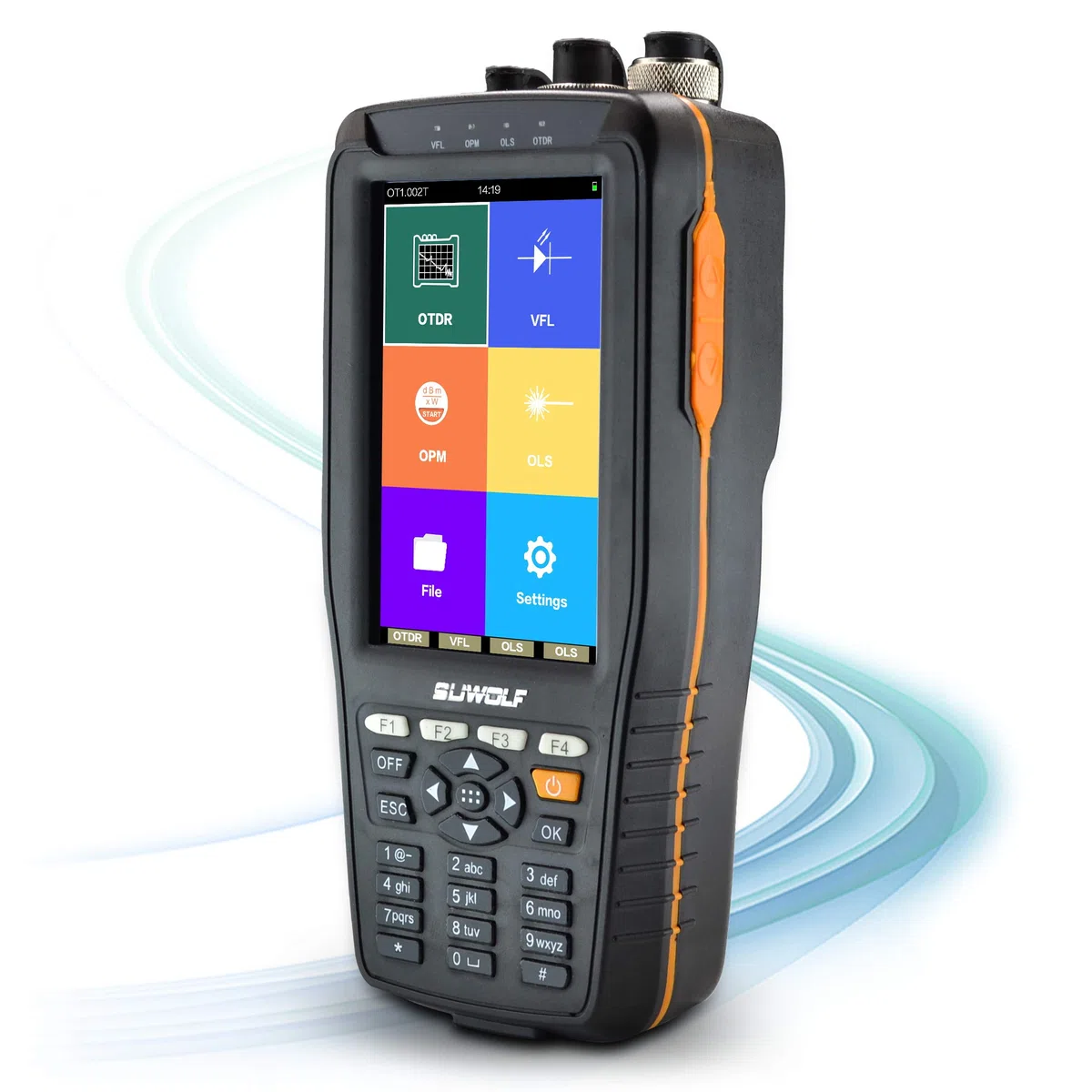 1310/1550nm 22/20dB Handheld 4in1 Mini OTDR +VFL+OPM+OLS 4” Touchscreen 60Km Glasfaser Tester/LWL Tester/Optische Zeitbereichs-Reflektometer mit SC(APC)+FC(APC)+FC zu LC(APC) Adapter