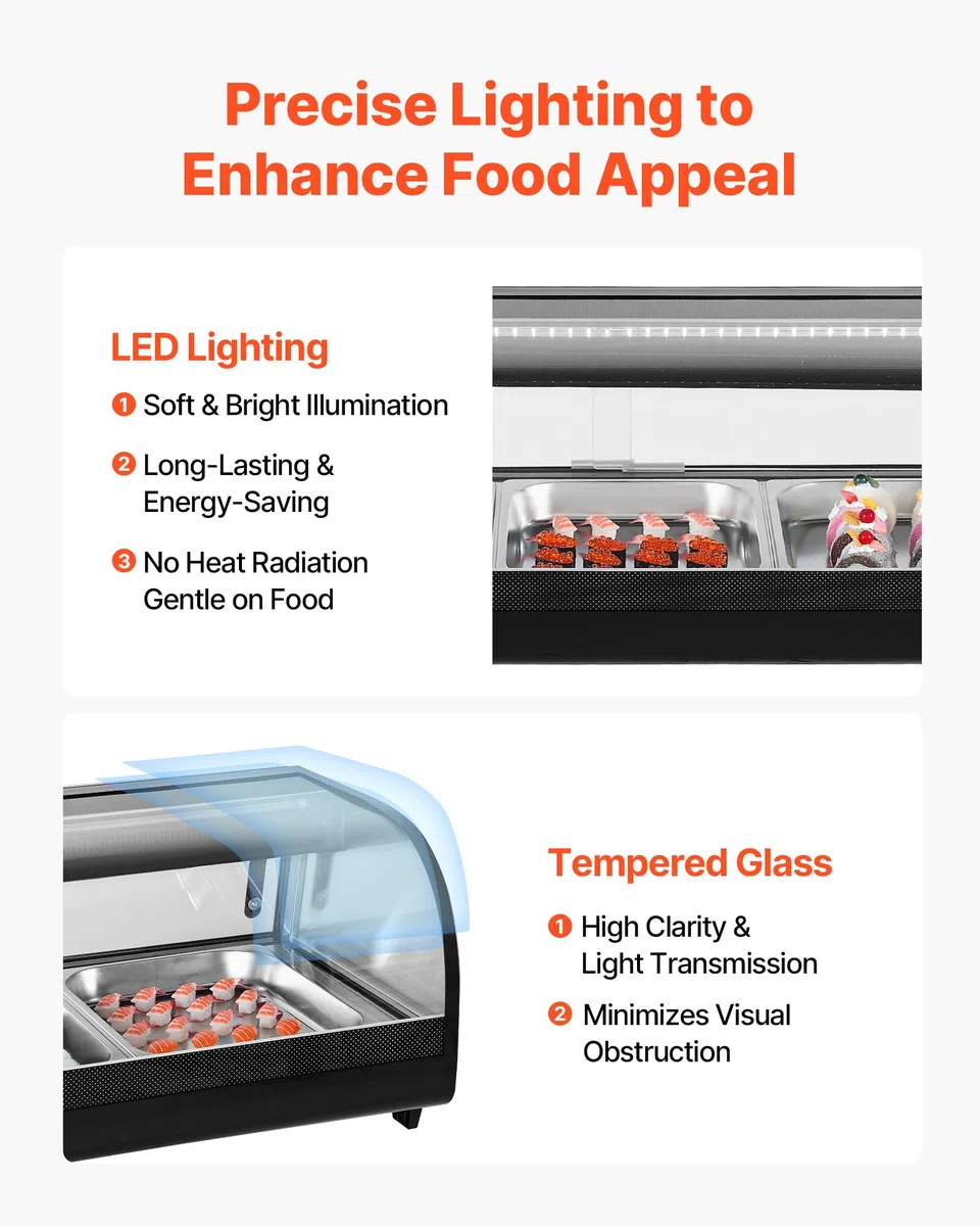 VEVOR Sushi Kühlvitrine 82 L kommerzielle Vitrine Kühlaufsatzvitrine (5 Pfannen) mit gebogenem Glas & LED-Beleuchtung & digitaler Temperaturregelung, Kühlschrank für Theke Restaurant Geschäft