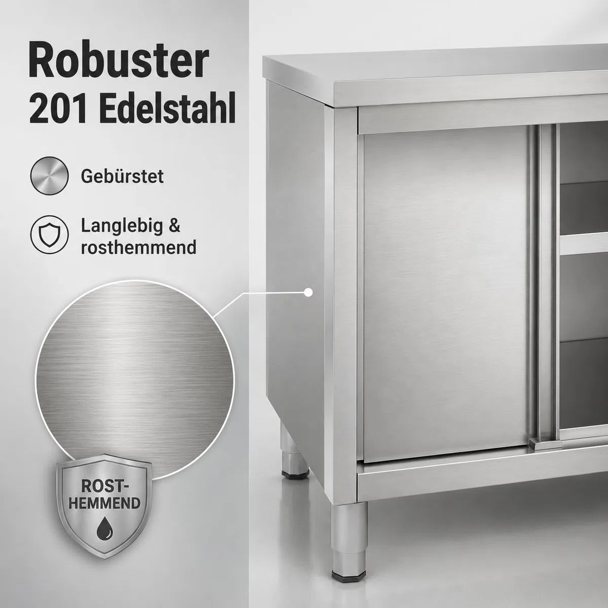 Outdoor Küche Edelstahl, 100x50x86cm Edelstahl Schrank mit Schiebetüren und Arbeitsplatte, 5-20 cm Verstellbare Höhenlagerung Bodenstehend Arbeitsschrank Küchenarbeitstisch für Küche, Garage, Kantinen