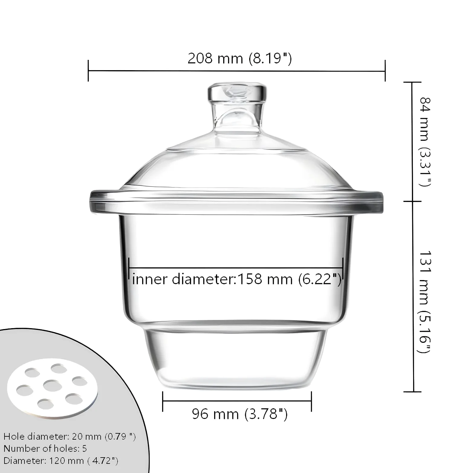 Labor-Exsikkator aus Borosilikatglas, korrosions- und hitzebeständig, entfeuchtend, geeignet zum Trocknen und Aufbewahren von Reagenzien, Mikroskoplinsen usw Transparent 150mm