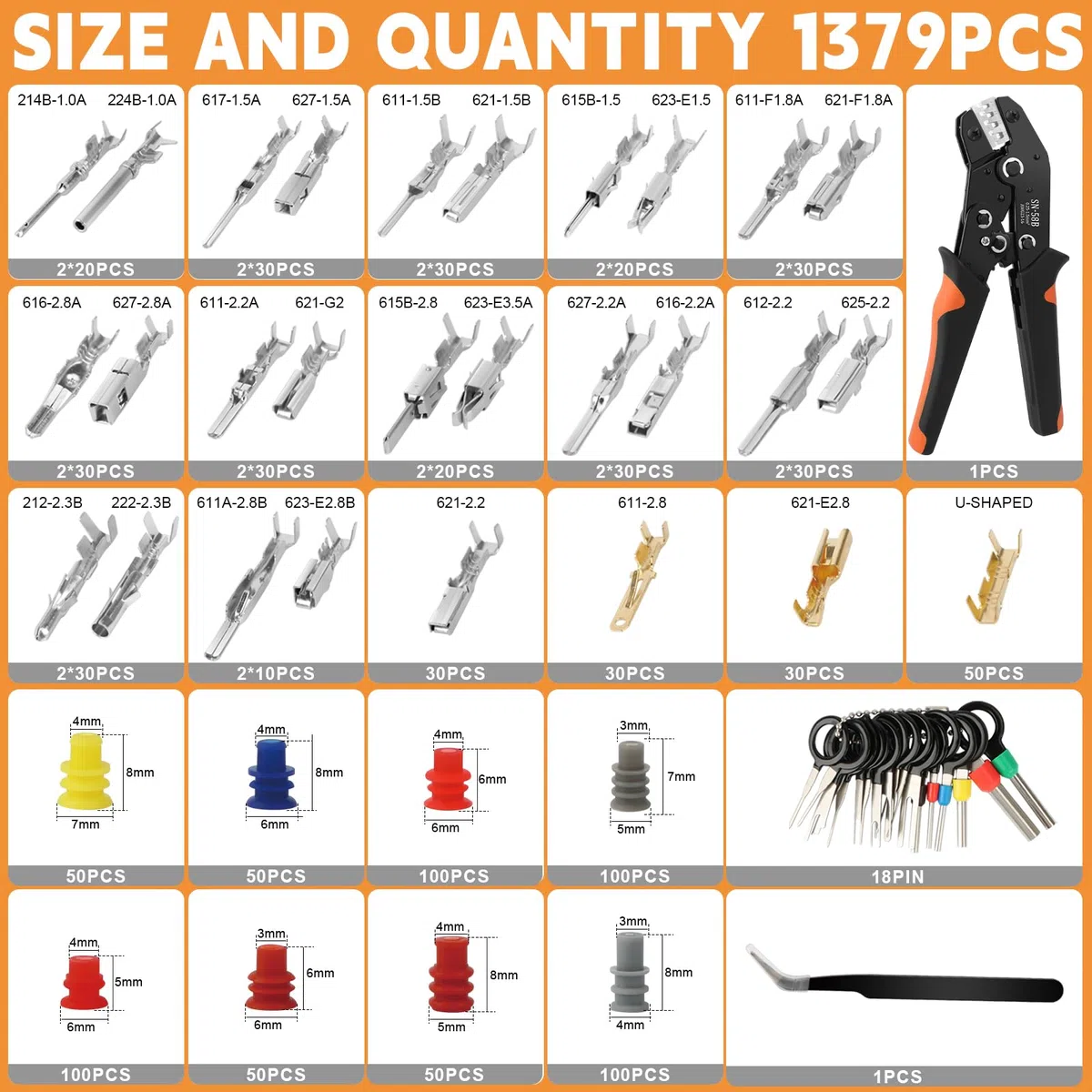 1379-teiliges Kfz Stecker Pins Kit mit SN-58B Crimpzange, Stecker Pins Kfz 1,0–3,5 mm, Crimpzangen 0,25–1,5 mm² AWG 23–16, Dichtstopfen und 18 Auspinwerkzeug für Auto, Motorrad und Boot