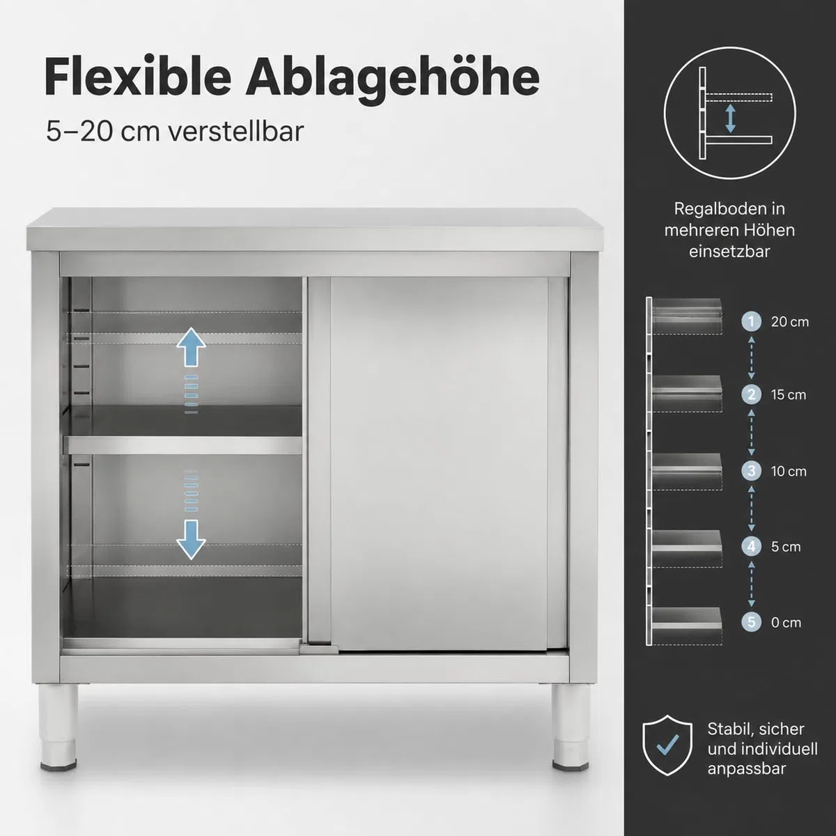 Outdoor Küche Edelstahl, 100x50x86cm Edelstahl Schrank mit Schiebetüren und Arbeitsplatte, 5-20 cm Verstellbare Höhenlagerung Bodenstehend Arbeitsschrank Küchenarbeitstisch für Küche, Garage, Kantinen