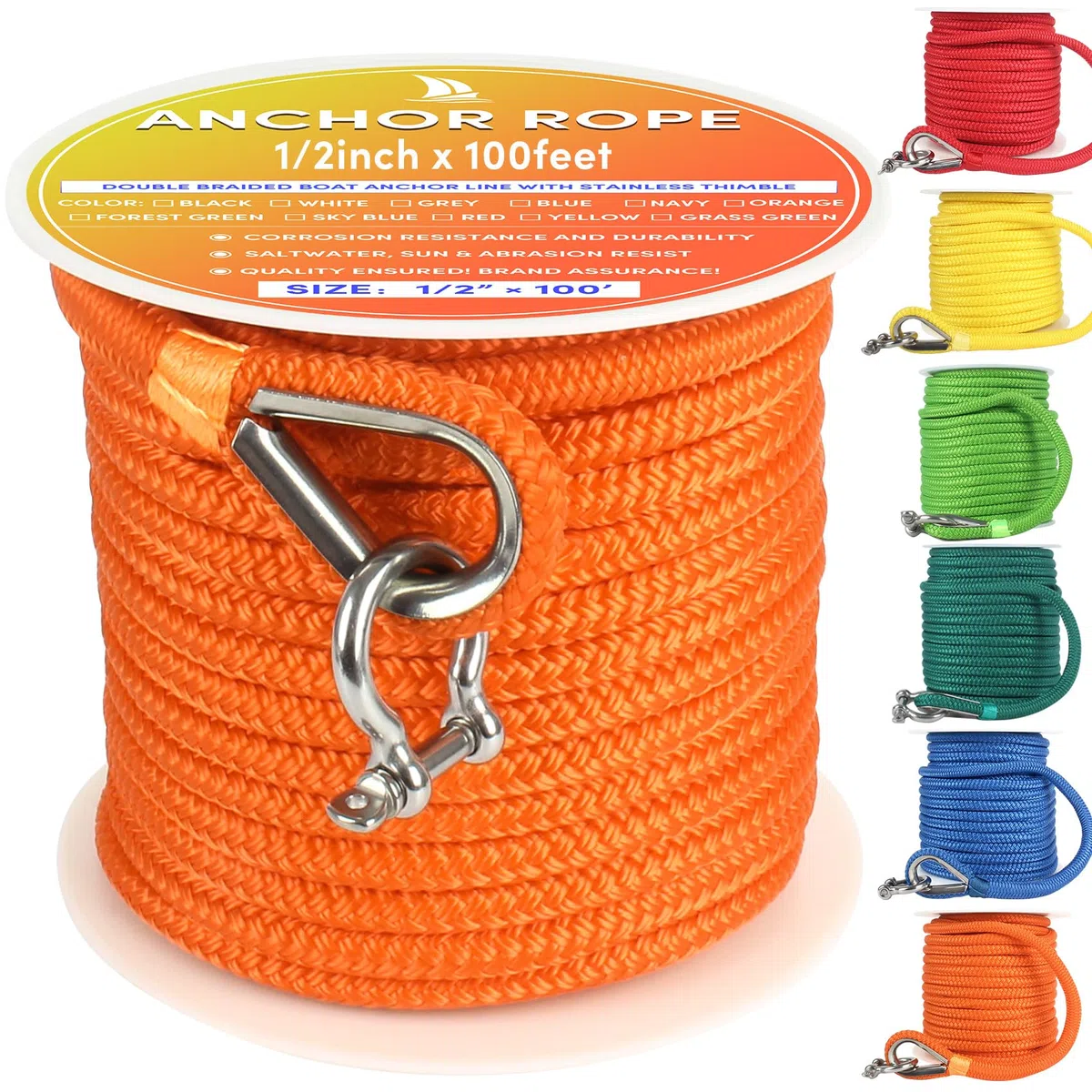 Bootsankerseil, 30,5 m x 1,27 cm, Orange, doppelt geflochtene Ankerleine mit Edelstahl-Fingerhut und Bügel, Marineseil, ideal zum Abschleppen, Festmachen, Decks, Verankern, für Boote bis zu 90