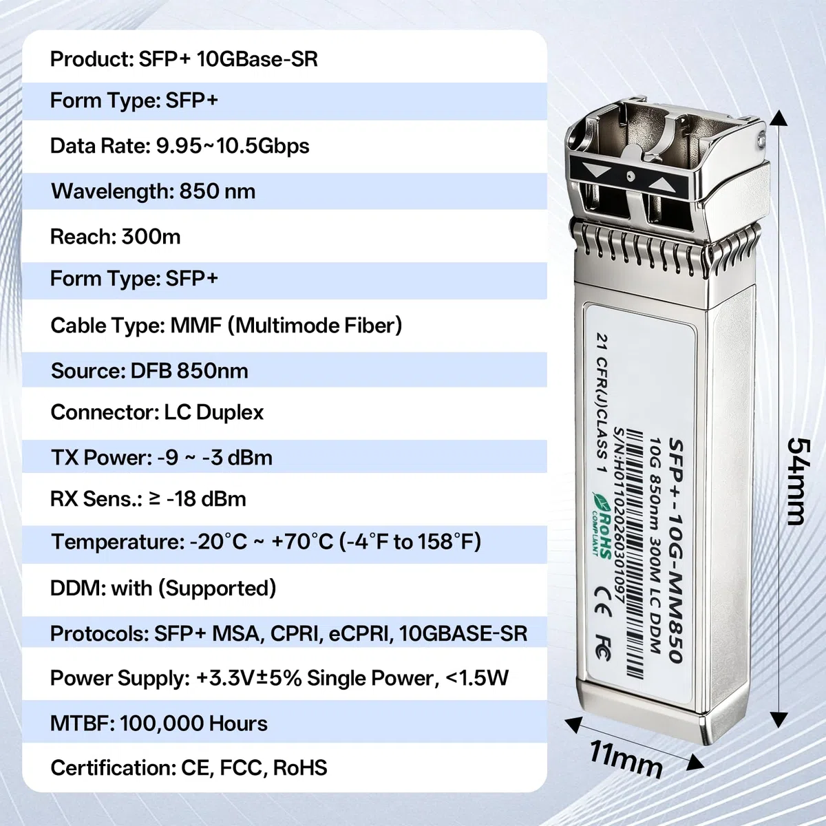 10Gb SFP+ SR Multimode Modul, 10GBase-SR LC Transceiver mit Maxim Chip, 850nm, bis zu 300m, Kompatibel für Cisco SFP-10GSR,Meraki, Mikrotik S+85DLC03D, Ubiquiti UniFi, Netgear, Zyxel, D-Link, TP-Link