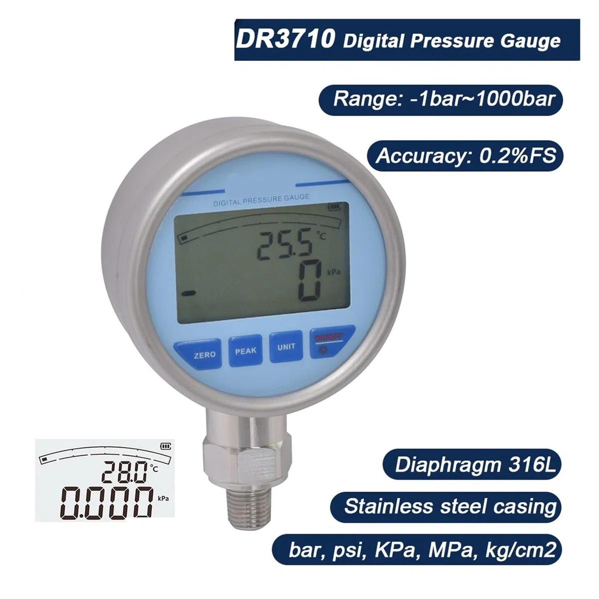 Präzisions-Digital-Manometer, Genauigkeit 0,2% Manometer LCD-Hintergrundbeleuchtungsanzeige for Öl-Wasser-Hydraulik-Manometer(-100-250Kpa)
