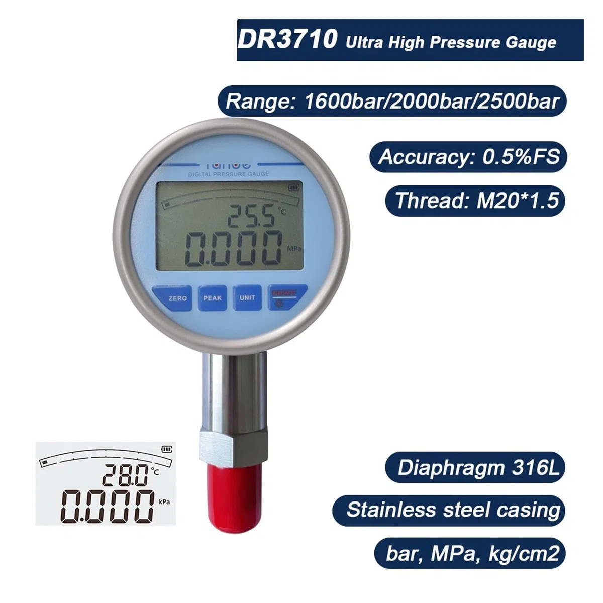 Digitales Manometer, 2000/2500 bar, Hochdruckmessgerät, 316L-Edelstahlgehäuse, Hintergrundbeleuchtung, M20-1,5-Stecker(2500bar)