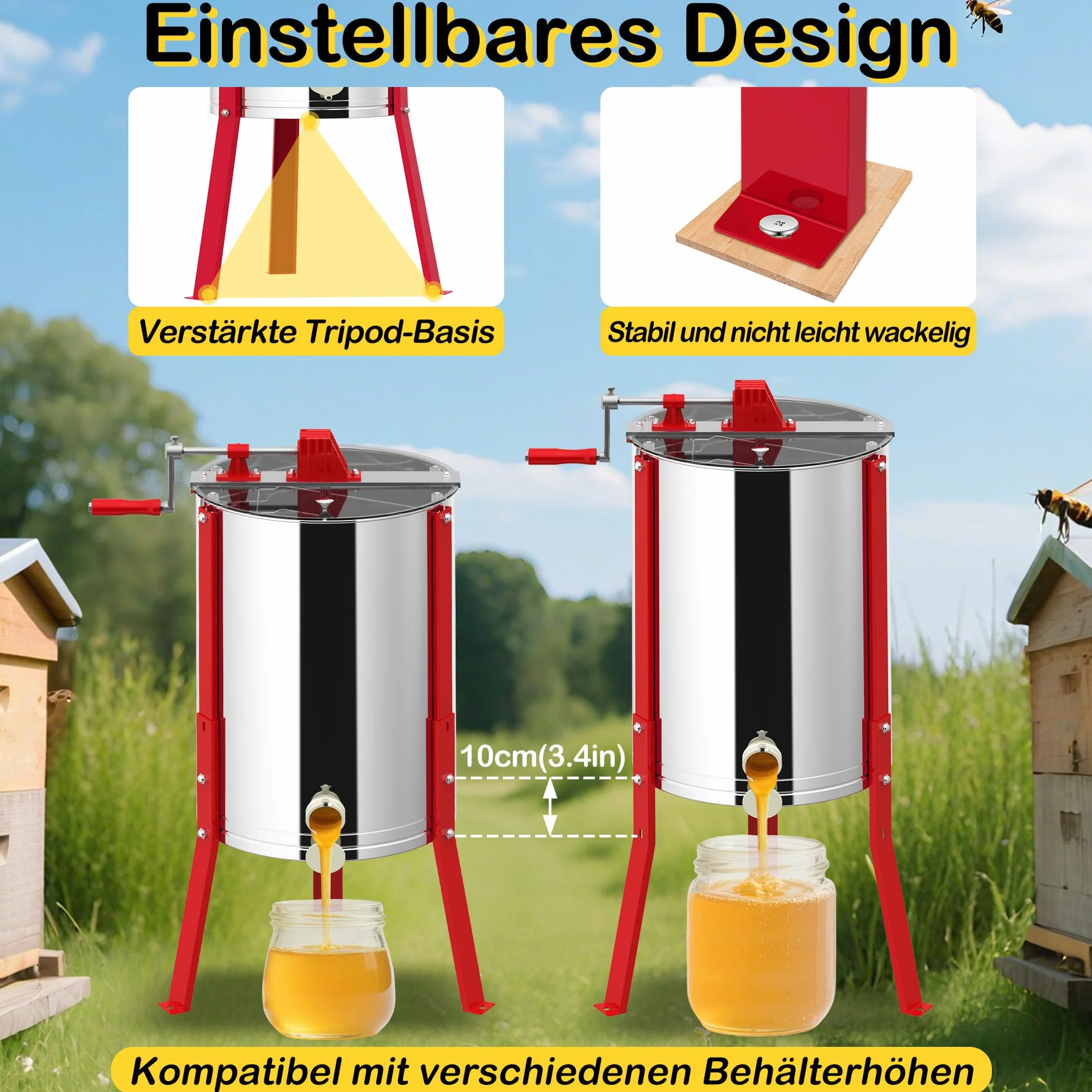 HENGMEI Honigschleuder aus Edelstahl 3 Waben Rahmen Manuelle Tangentialschleuder mit Handkurbel verstellbaren Beinen Honigextractor mit Deckel Honig-Extraktor Ø54 x 111 cm