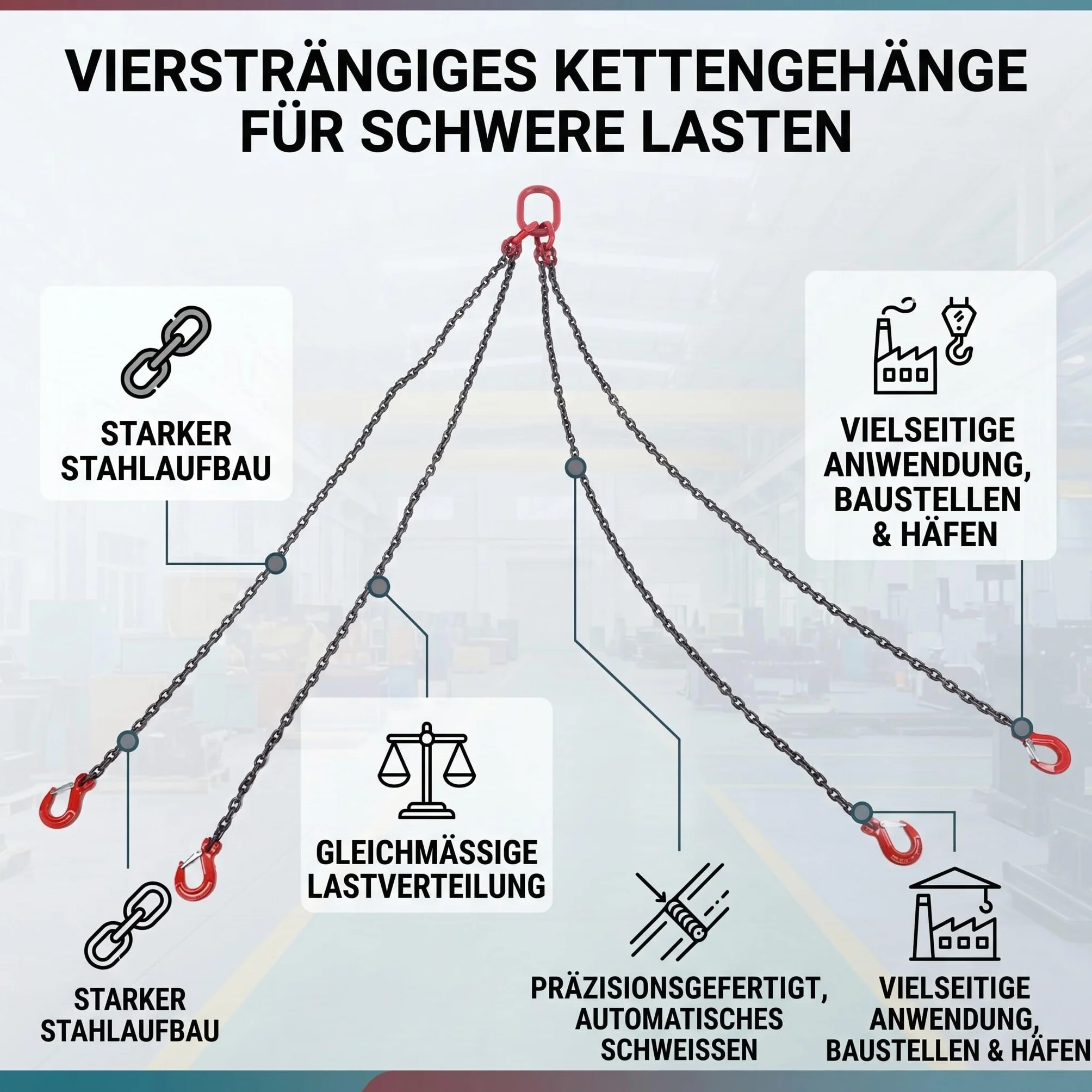 Manganstahl Anschlagkette 4 Strang, 1.5M, 3T Tragkraft, Hohe Festigkeit Kettengehänge zum Heben