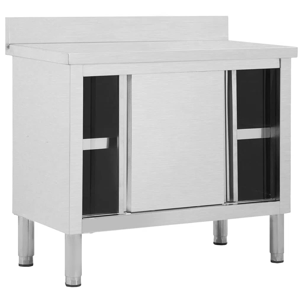 Cozynest Arbeitstisch Arbeitsplatte Edelstahlschrank Gastro Schrank Schiebetürenschrank Arbeitsschrank mit Schiebetüren 100x50x(95-97) cm Edelstahl